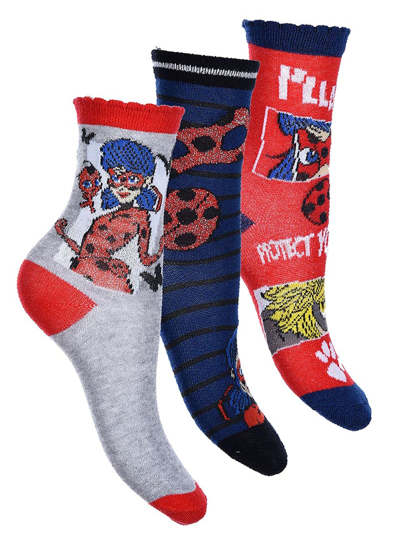 Socken 3er-Pack, City Ladybug Sun grau-rot-blau Miraculous Kindersocken,