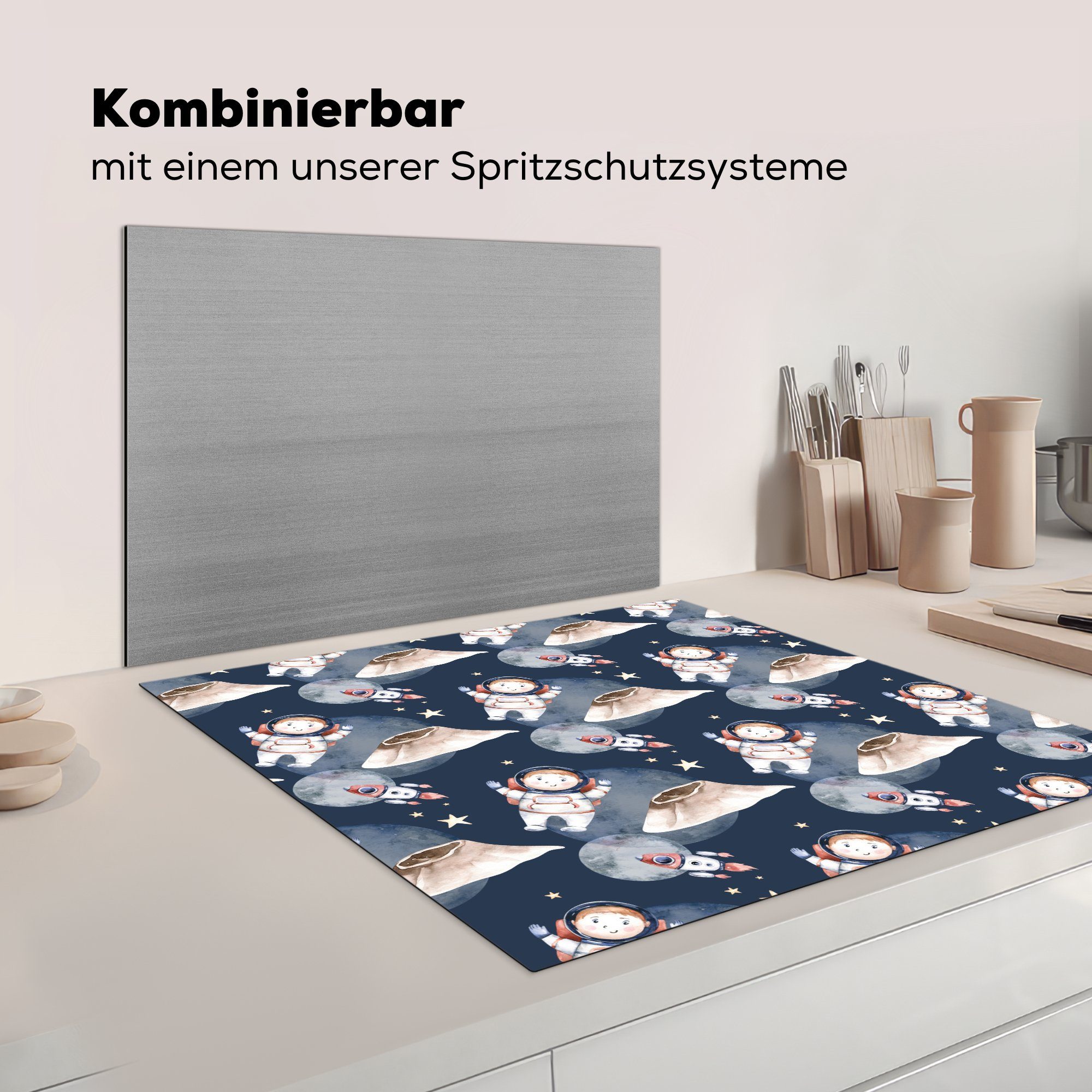 Kinder, Jungen 78x78 Arbeitsplatte Herdblende-/Abdeckplatte - - Vinyl, - - cm, - (1 Mädchen Ceranfeldabdeckung, MuchoWow küche Weltraum tlg), für Rakete Kinder Astronaut -