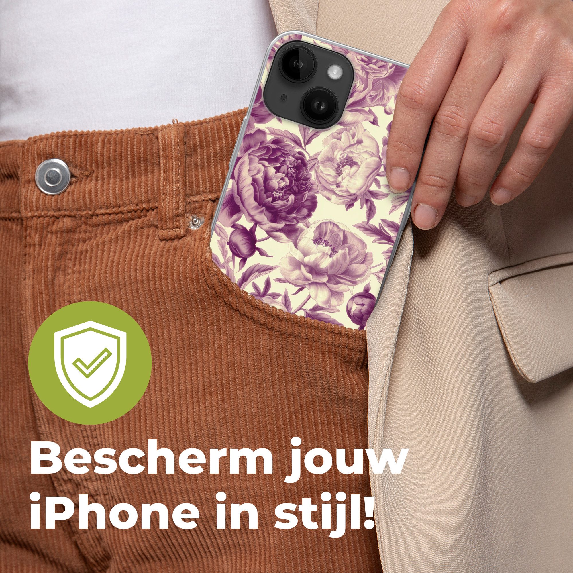 MuchoWow Handyhülle für Apple iPhone 14 Blumen - Muster - Lila - Beige, Smartphone-Bumper, Print, Handy Schutzhülle Dünn