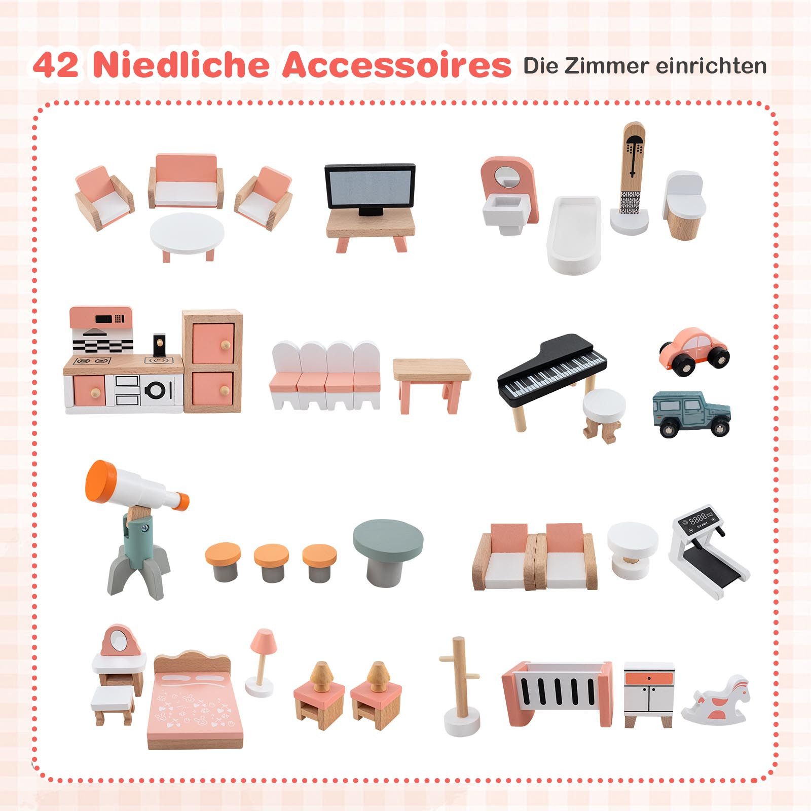 COSTWAY Puppenhaus, 6 Etagen mit 6 Zimmern & 41 Zubehör, Holz