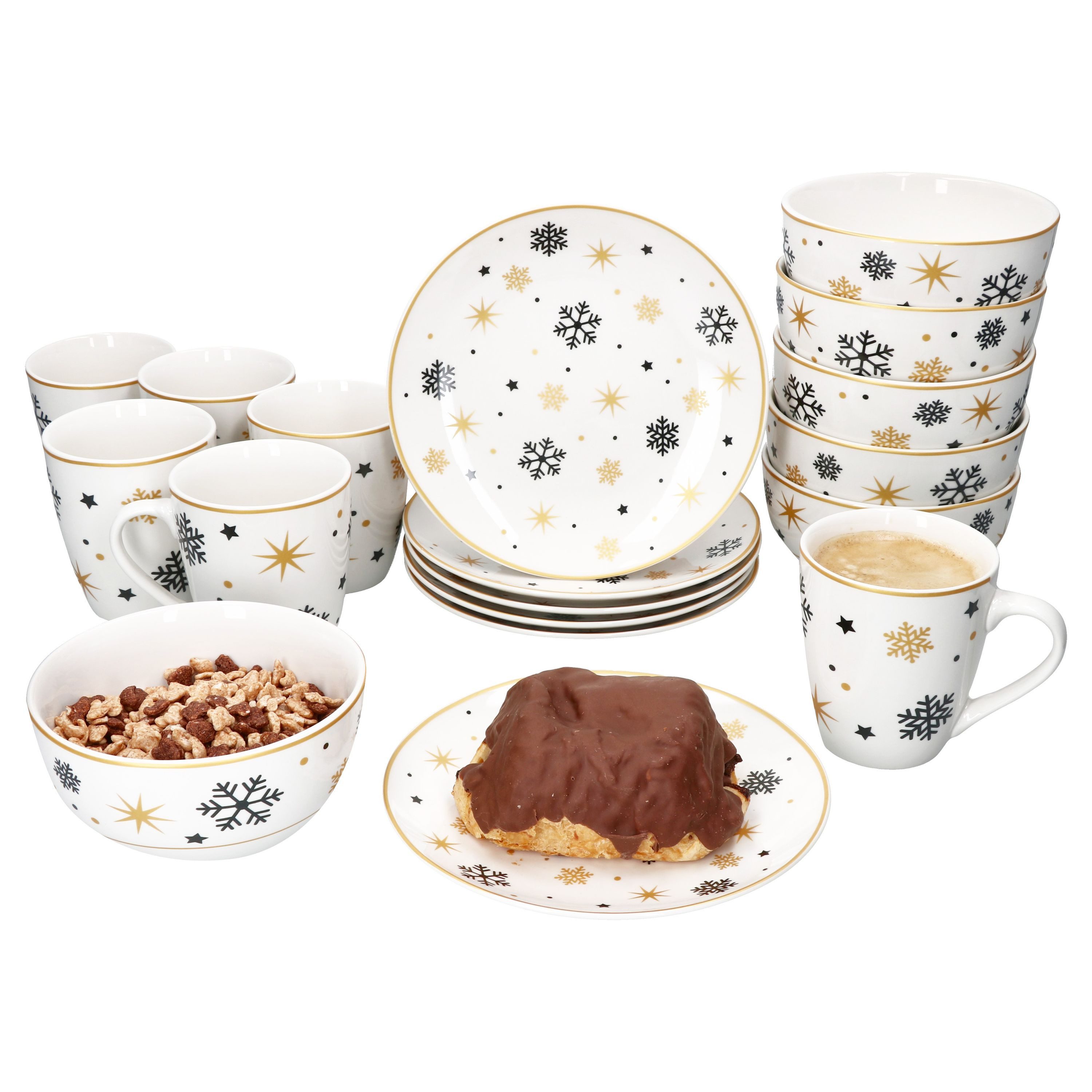 Frühstücks-Geschirrset 18tlg Frühstücksset Stars schwarz gold Steingut 6 Personen Teller