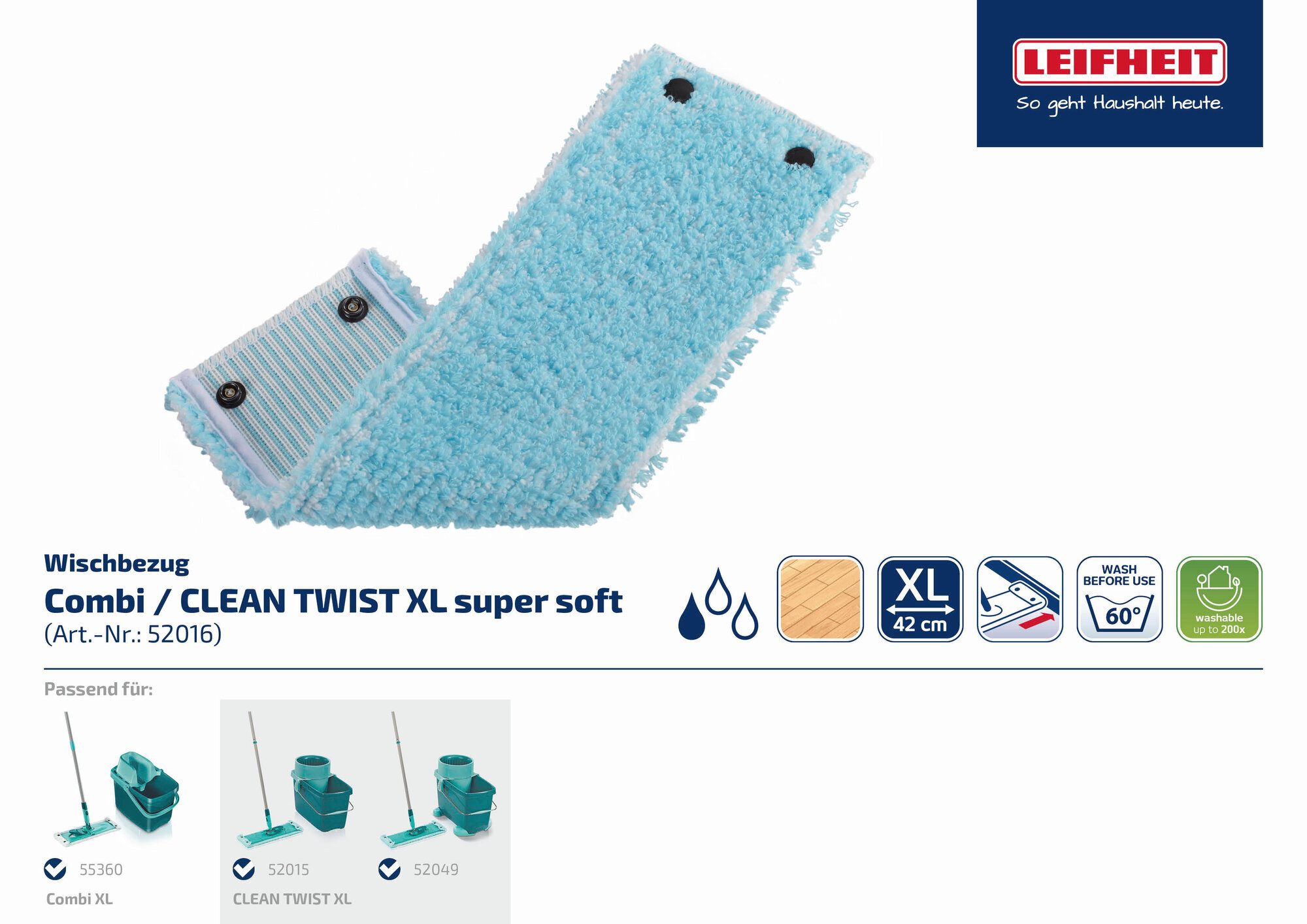 Leifheit Wischbezug CLEAN TWIST XL / Combi XL super soft 2er Wischbezug (Kunstfaser, 14.0x49.5 cm, 2-tlg., Waschbar bei 60°C, Wischbreite 42cm, für Parkett/Laminat/Kork)