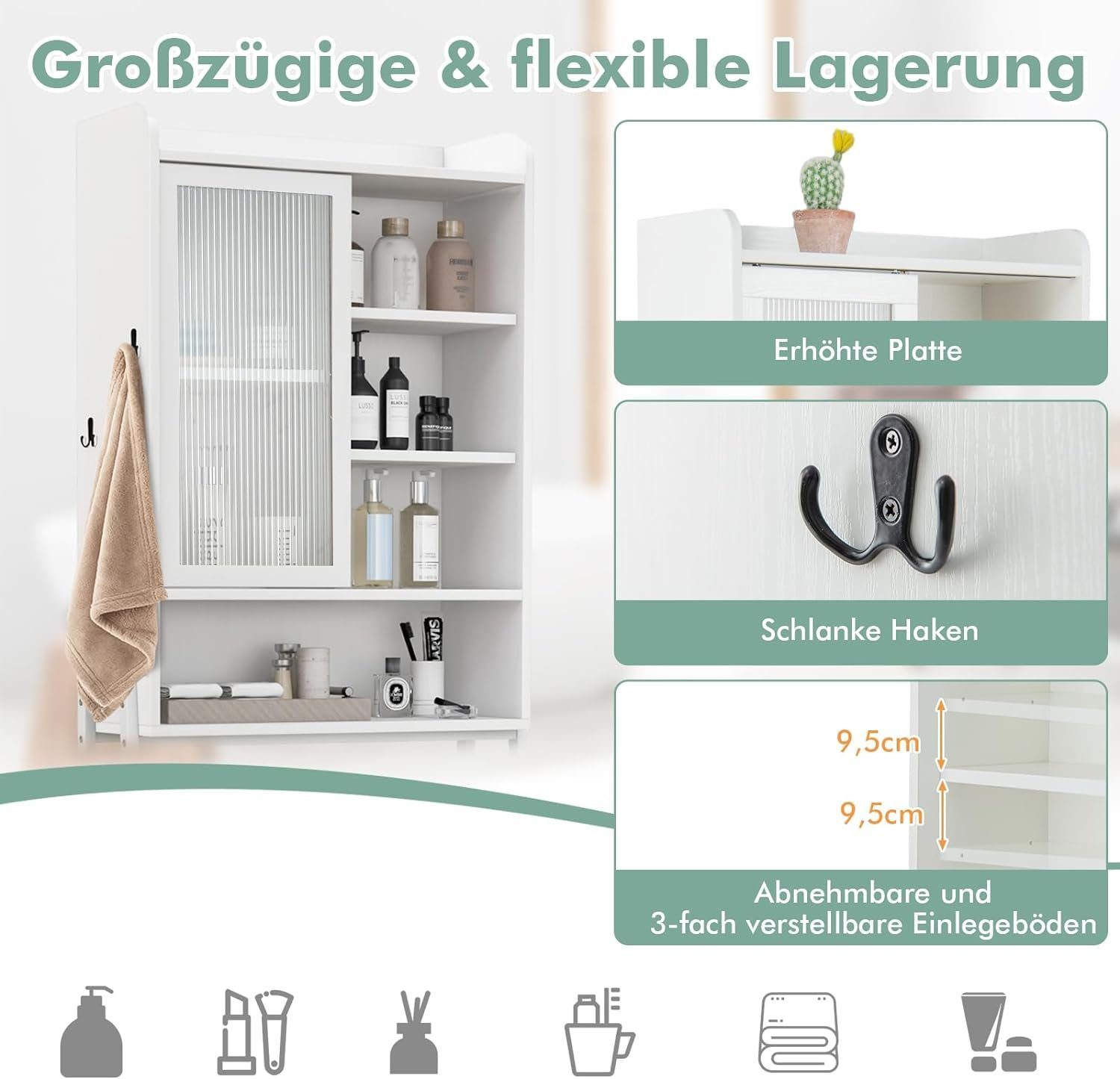KOMFOTTEU Hochschrank mit Schiebetür verstellbaren Regalen & Haken