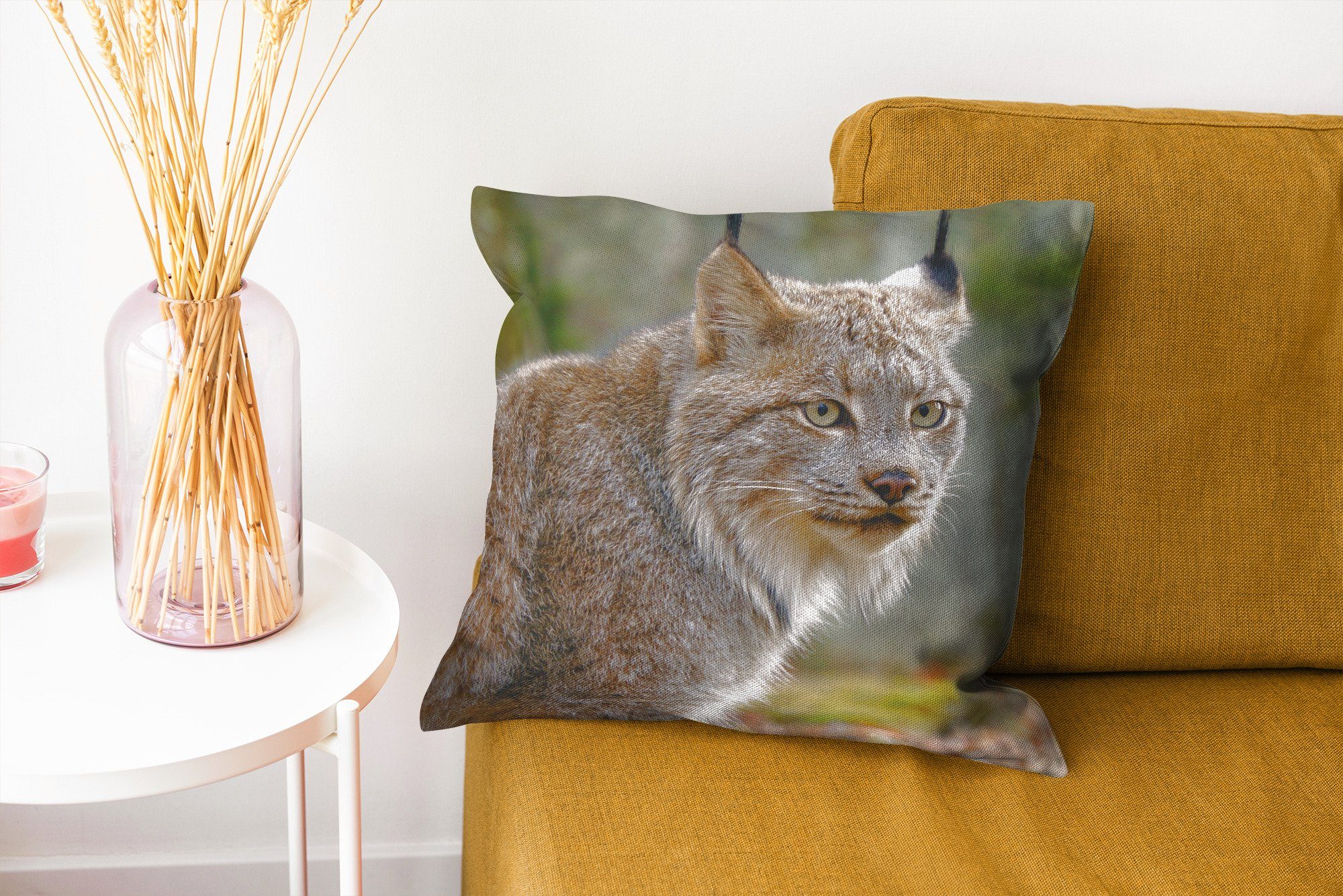 mit Sofakissen Luchs Wald - Grau, Schlafzimmer, MuchoWow für Zierkissen Füllung Dekokissen Deko, Wohzimmer, -