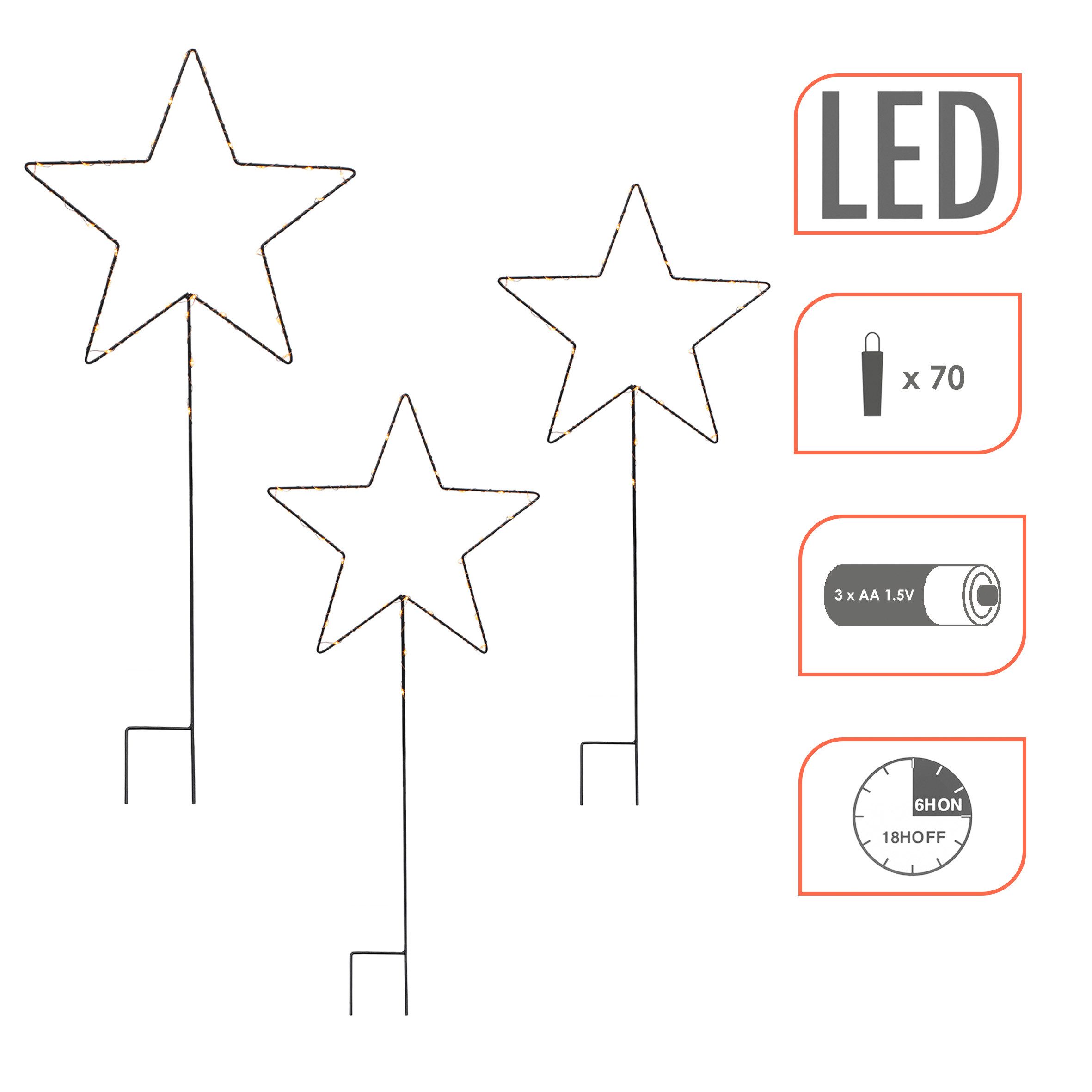 Spetebo Gartenstecker LED Stern 30 / 24 cm Garten Deko (3er Set, 1-St., mit 70 LED in warm weiß) mit IP44 Spritzwasserschutz – Bild 4 von 5