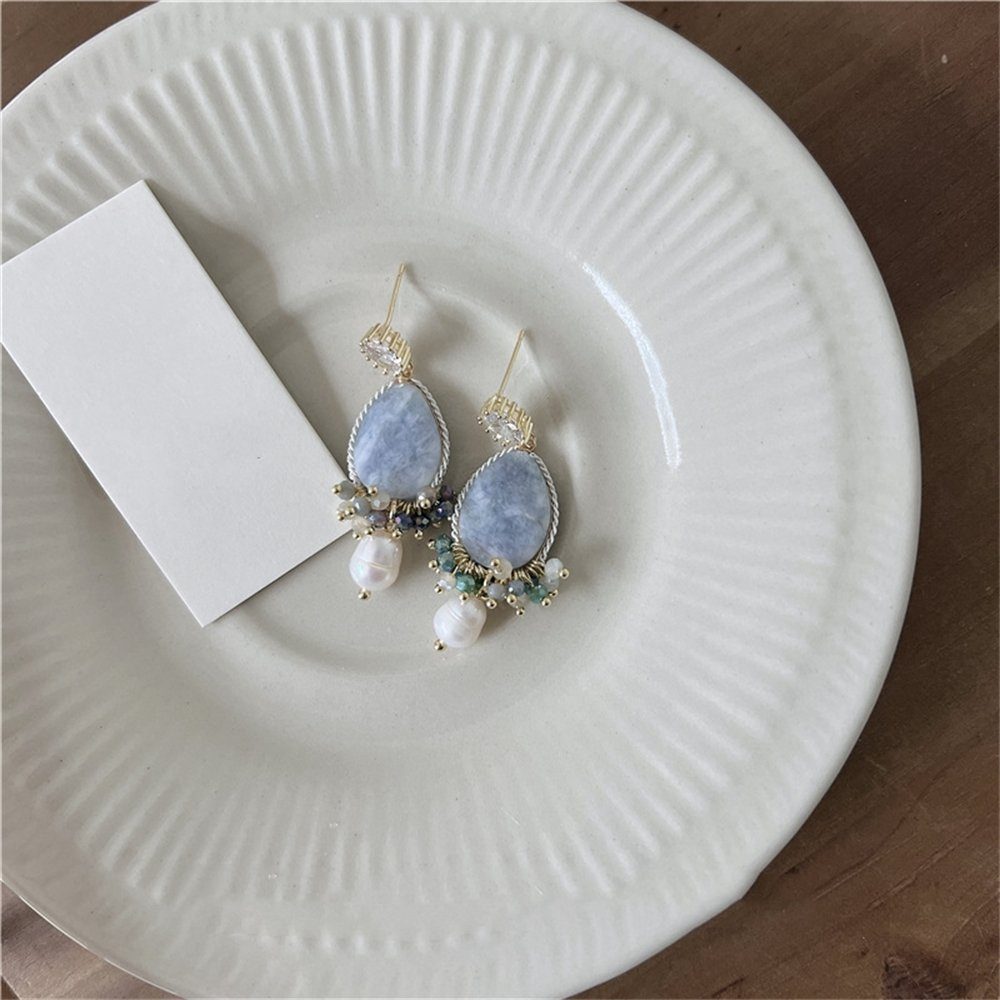 Perlenohrringe Frauen, Rouemi für Paar Naturstein-Perlen-Ohrstecker Ohrstecker blaue