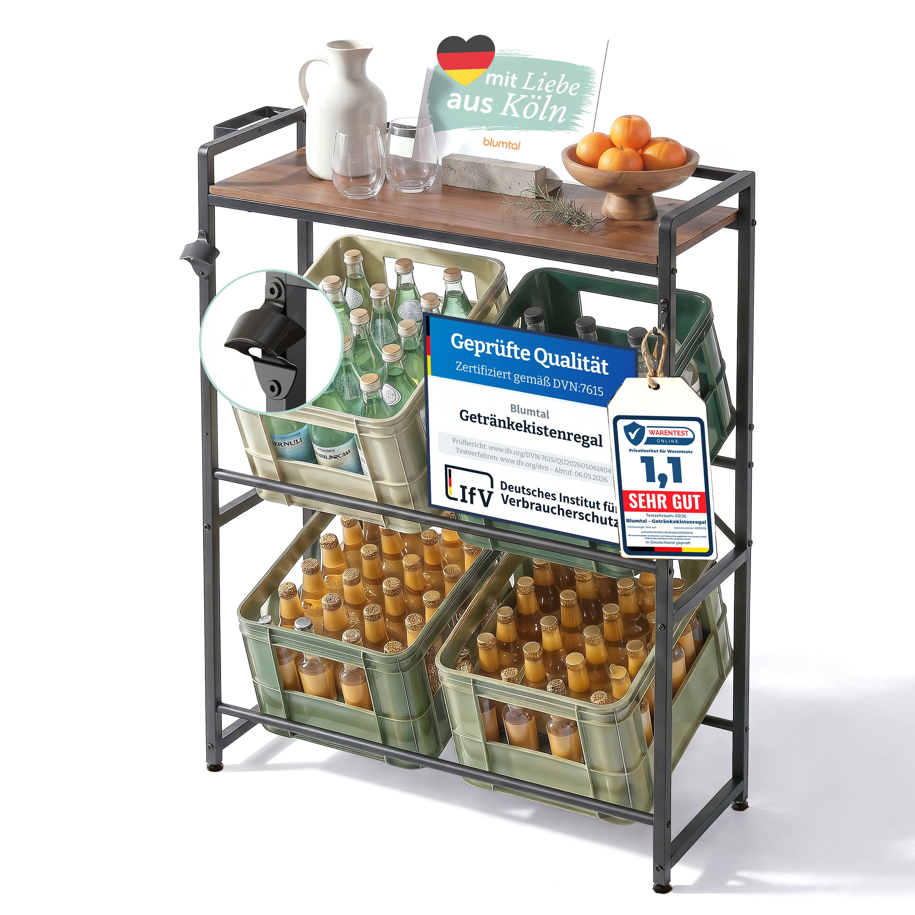 Blumtal Flaschenregal Getränkekistenregal mit Ablage Holzoptik, Kistenregal Metall/Getränkeregal + integriertem Flaschenöffner & Haken