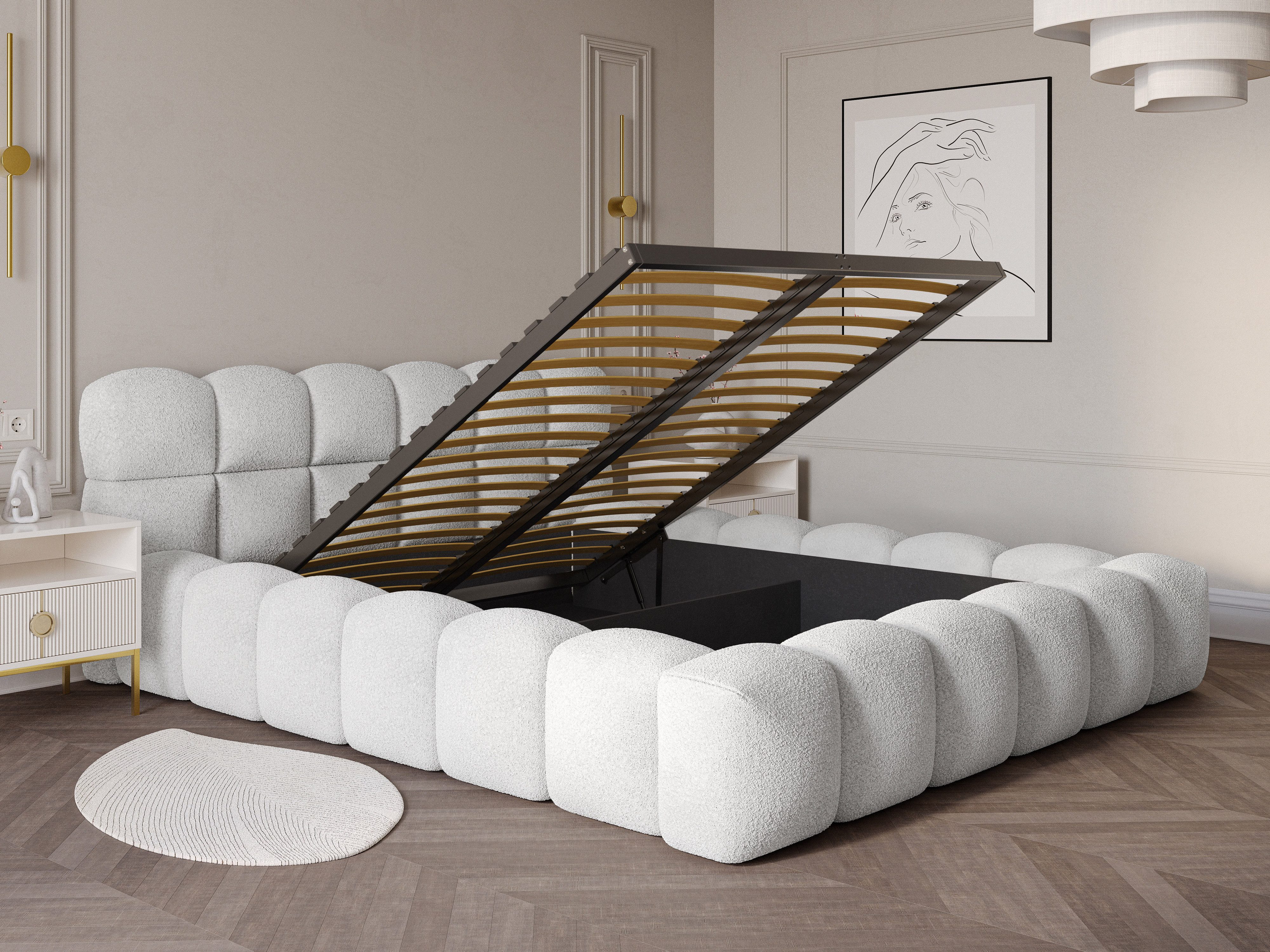 wonello Polsterbett Mira (das Original), Bett mit Bettkasten und Lattenrost – eleganter Boucle-Stoff