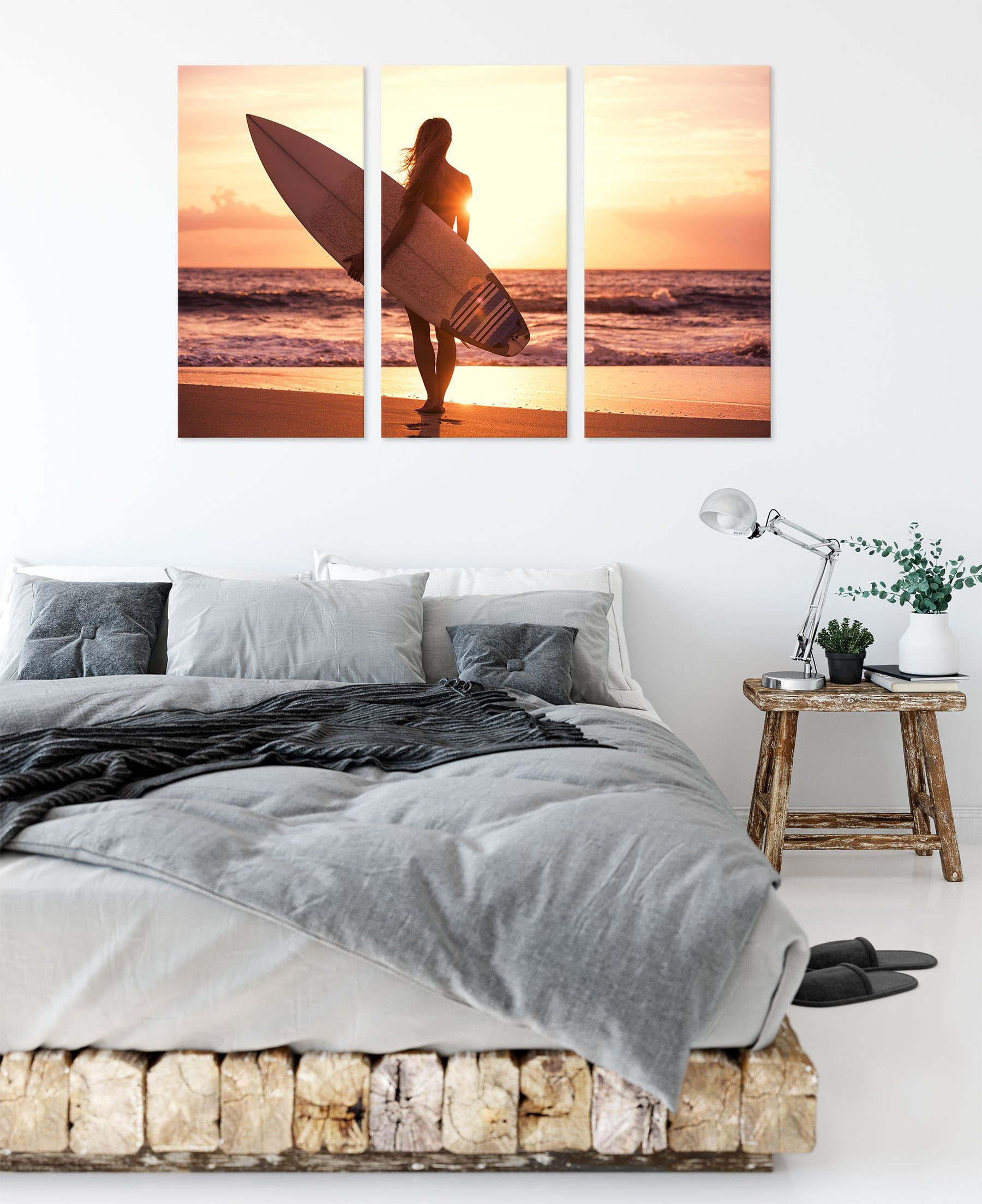 Pixxprint Leinwandbild vor Sonnenuntergang, Zackenaufhänger Sonnenuntergang (1 Surferin Surferin inkl. vor bespannt, St), (120x80cm) Leinwandbild fertig 3Teiler