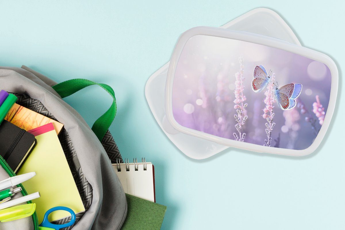 Lunchbox (2-tlg), weiß - MuchoWow für Kinder Kunststoff, - und und - Jungs Brotbox Mädchen Schmetterling für Brotdose, Blumen Lila, Erwachsene, Lavendel
