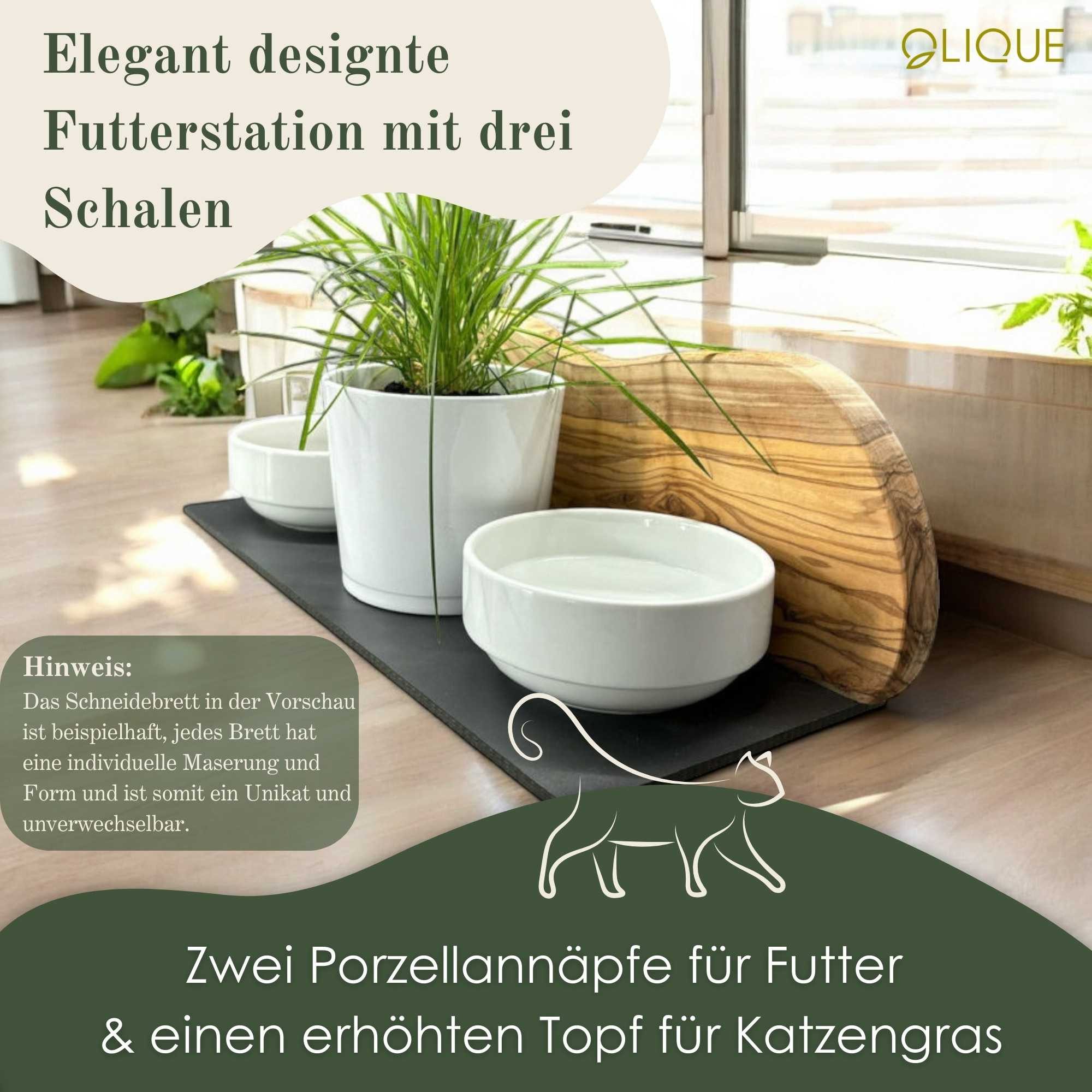 OLIQUE Futterstation für Katzen aus Olivenholz - Handgefertigte Katzenfutterstation, Porzellan