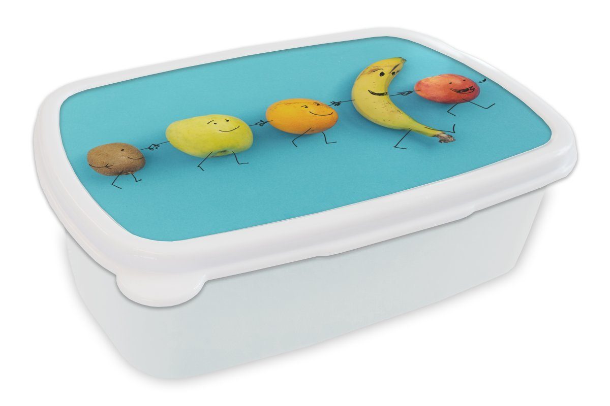 MuchoWow Lunchbox Smiley - Obst - Blau, Kunststoff, (2-tlg), Brotbox für Kinder und Erwachsene, Brotdose, für Jungs und Mädchen weiß