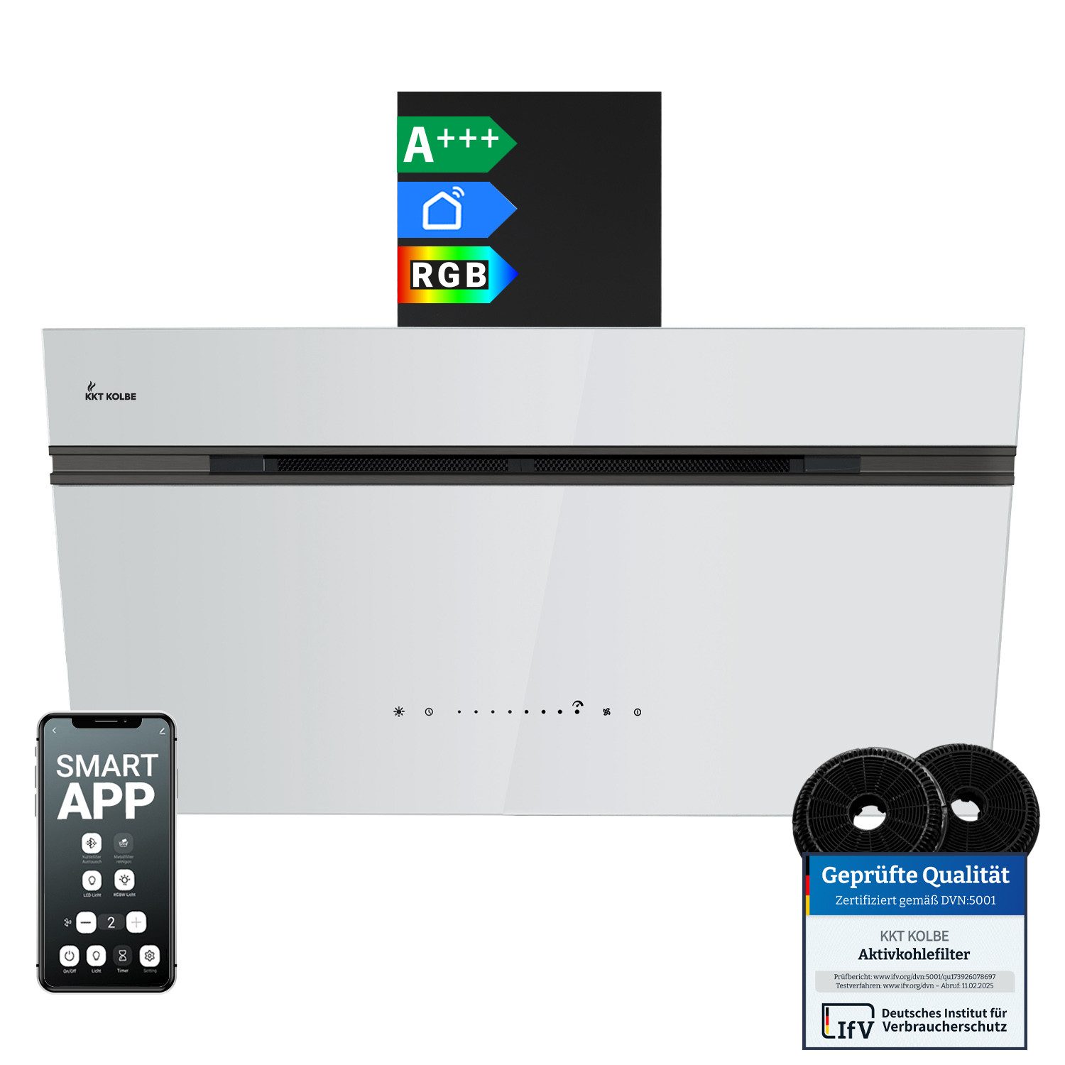 KKT KOLBE Wandhaube Dunstabzugshaube 90cm AURORA9005SW RGBW Ambientebeleuchtung Dunstabzugshaube 90cm AURORA9005SW RGBW Ambientebeleuchtung, Kopffreihaube / Umluft / Abluft / Smart WiFi-App / Schwarz Weiß / Glas