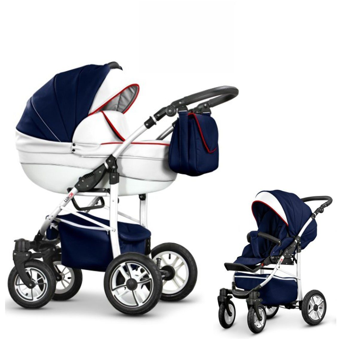 babies-on-wheels Kombi-Kinderwagen 2 in 1 Kinderwagen-Set Cosmo ECO - 13 Teile - in 16 Farben Navy-Weiß-Rot Kunstleder