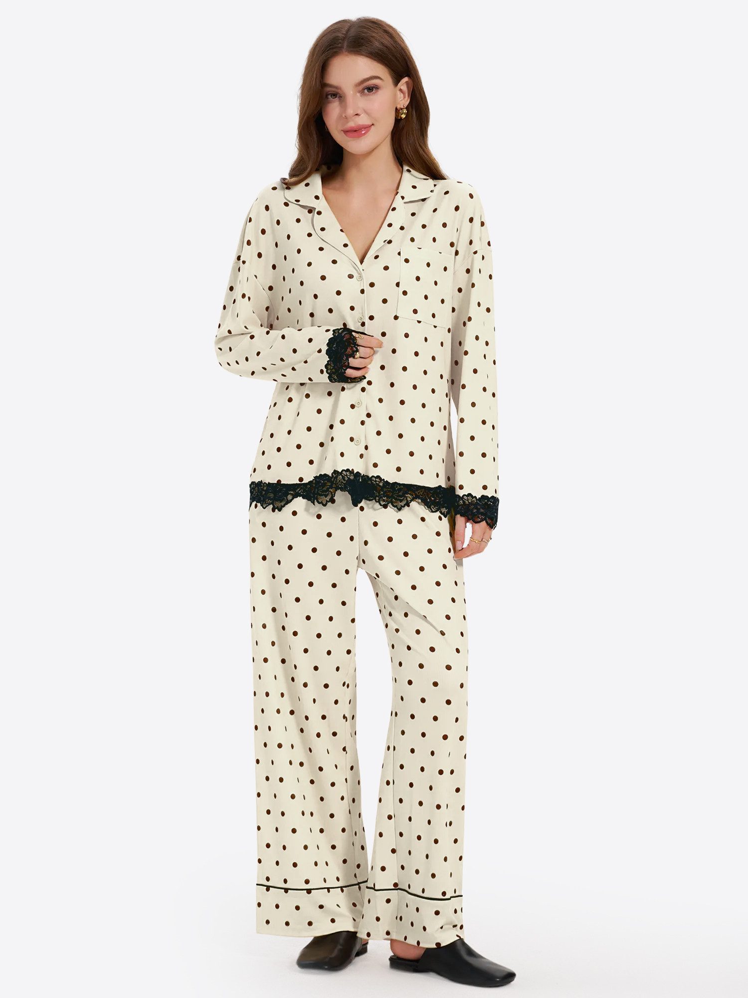 Imily Bela Hausanzug Damen Pyjama-Set mit Tupfenmuster (Set, 2 tlg., Langärmeliger Bluse und Weiter Hose) mit Spitzenverzierung