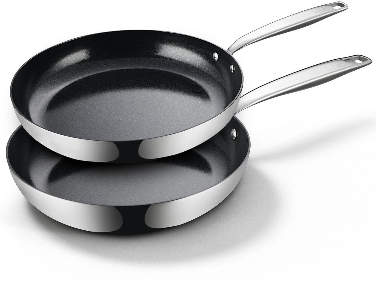 BE Living Pfannen-Set Essential-Serie 2–3-teilig Edelstahl, PFAS-frei, induktionsgeeignet, Edelstahl (Set, 2-tlg., Ø 24/28 cm), PFAS-freie Keramik-Antihaftbeschichtung, induktionsgeeignet