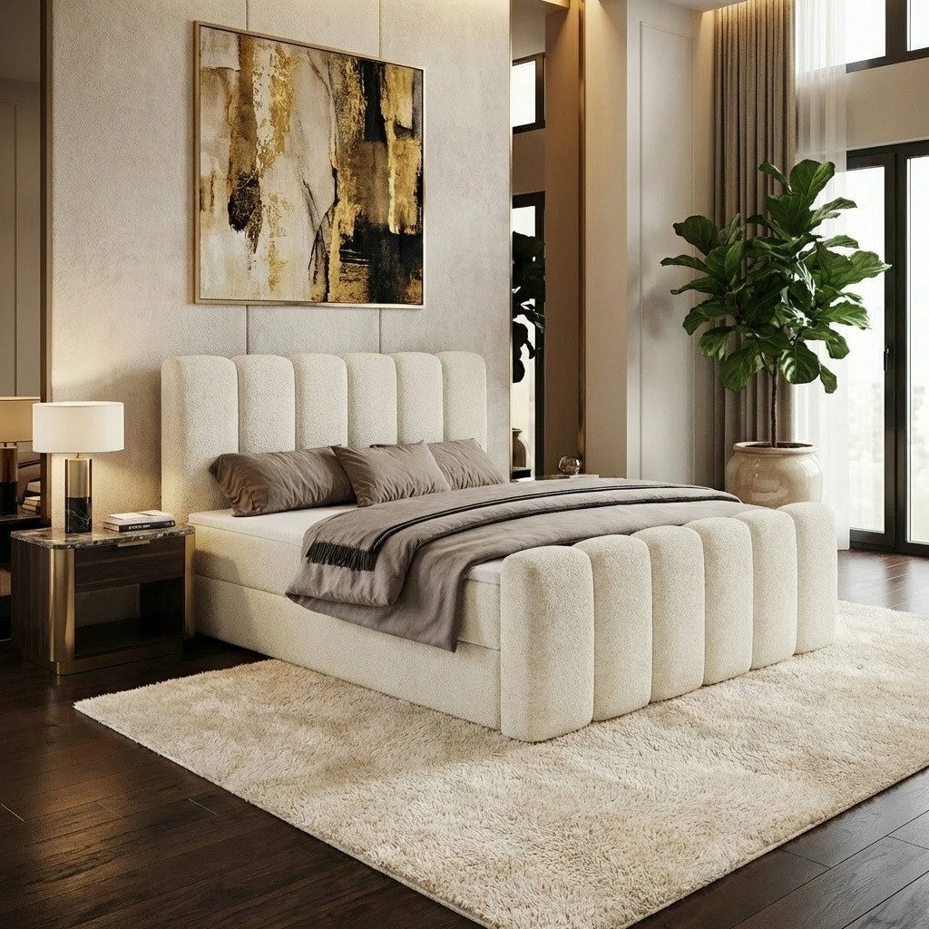 Parllo Boxspringbett Stoff mit Stauraum Topper T25 zwei Bettkästen Federkern gepolstert (Kontinentalbett in vielen Farben, 1-St., 140x200 160x200 180x200 200x200cm), Doppelbett gepolstertes Kopfteil Bettkasten