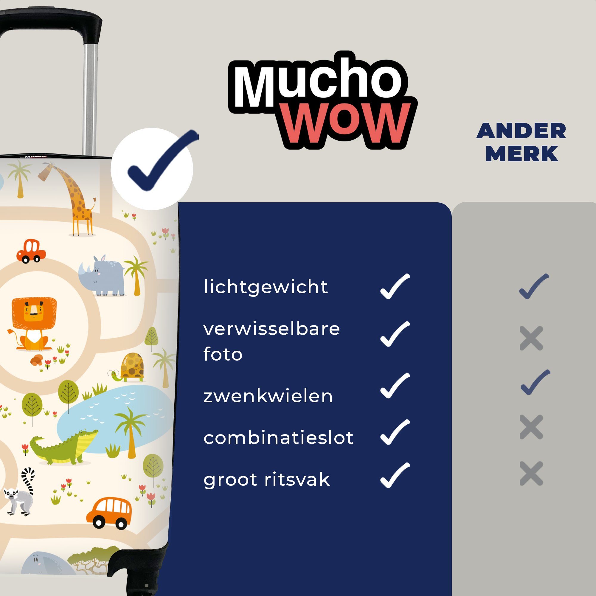 MuchoWow Handgepäckkoffer Safari - Reisetasche 4 Rollen, Handgepäck Kinder Auto Beige, Trolley, Reisekoffer für rollen, - - mit Ferien
