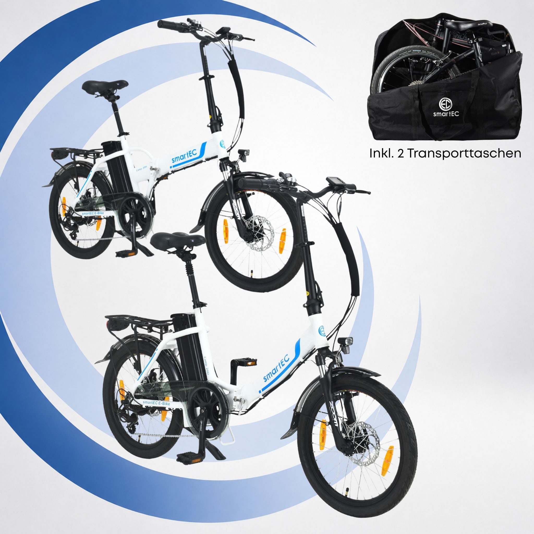 smartEC E-Bike Klapprad 2er Pack Camp-20D & 20H Falt Pedelec/E-Bike 20 Zoll Weiß smartEC, 7 Gang Shimano Tourney Schaltwerk, Kettenschaltung, Hinterrad-Nabenmotor, 562.00 Wh, (2er Set, 12 tlg., Akku mit Ladegerät), Damen/Herren Unterstützung 25 km/h Anfahrhilfe Scheibenbremse StVZO