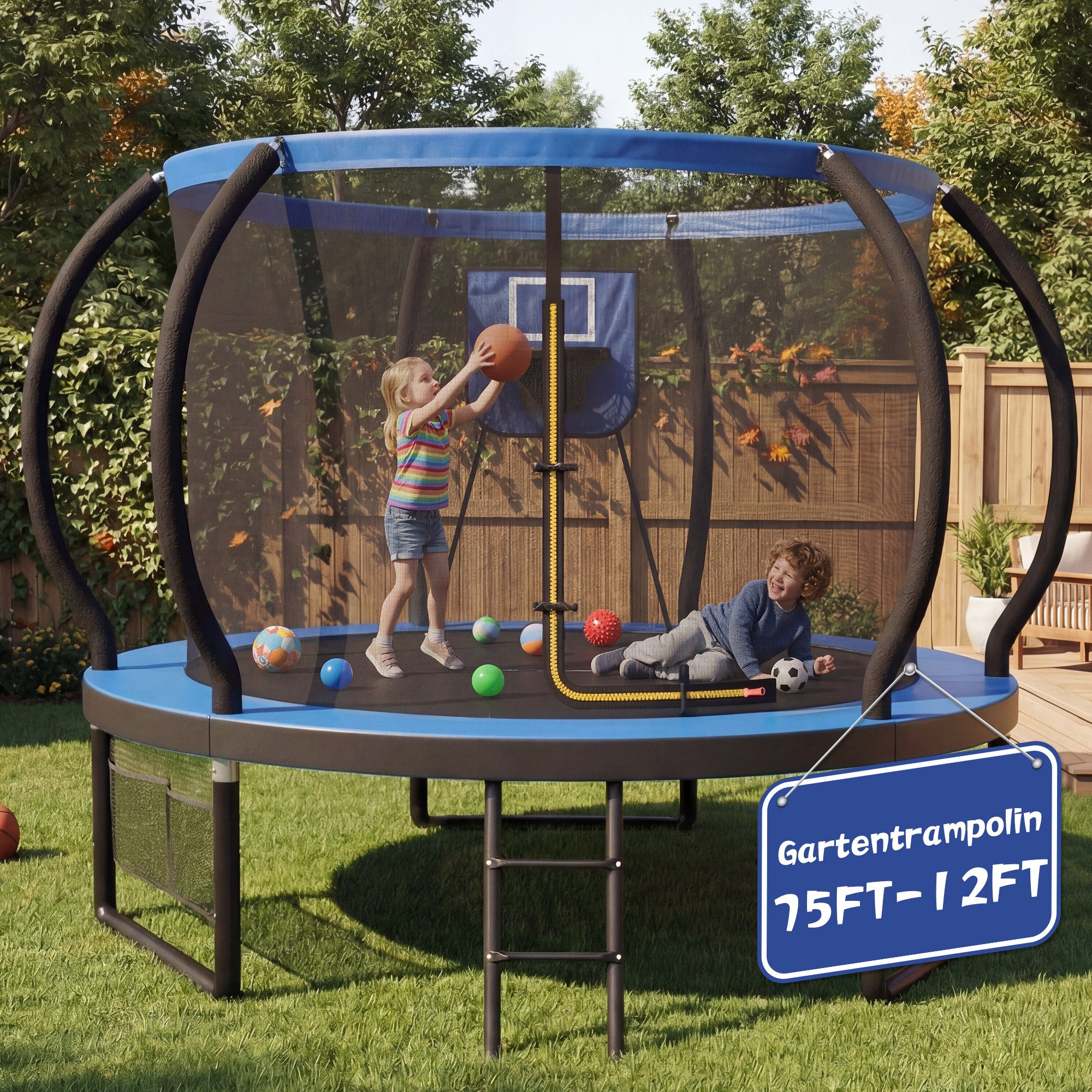 GUNJI Gartentrampolin Basketballkorb-Trampolin, Durchmesser 228/305 cm, Kindertrampolin, Ø 228 cm, (Enthält Leiter, Sicherheitsnetz, Schuhnetz, 360°-Schutzgitter und Fallschutzmatte, mit einer Tragkraft von 150 kg-ostern geschenke)