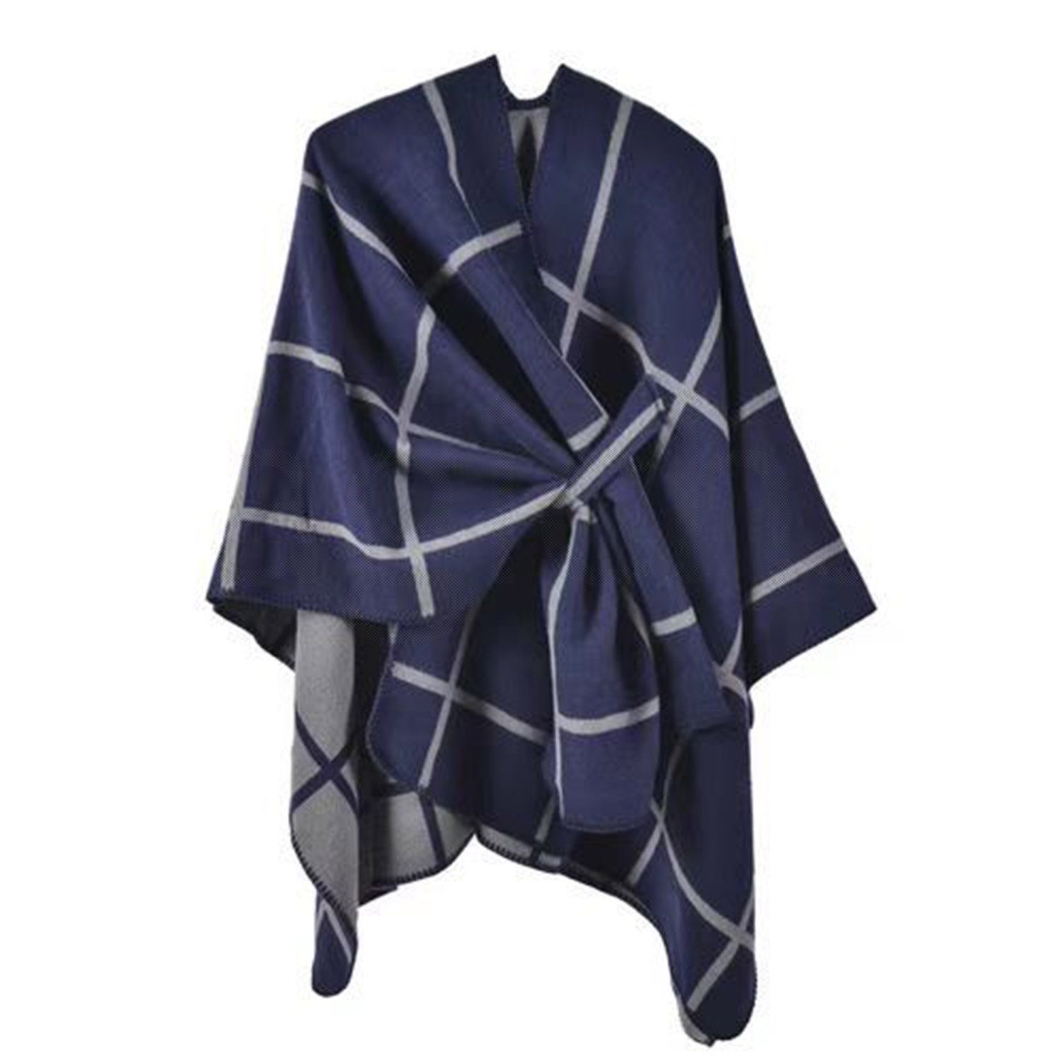 MAGICSHE XXL-Schal blau1 Cape Vintage Farbblocking Raster, Klassisches Elegant Schal, Coat