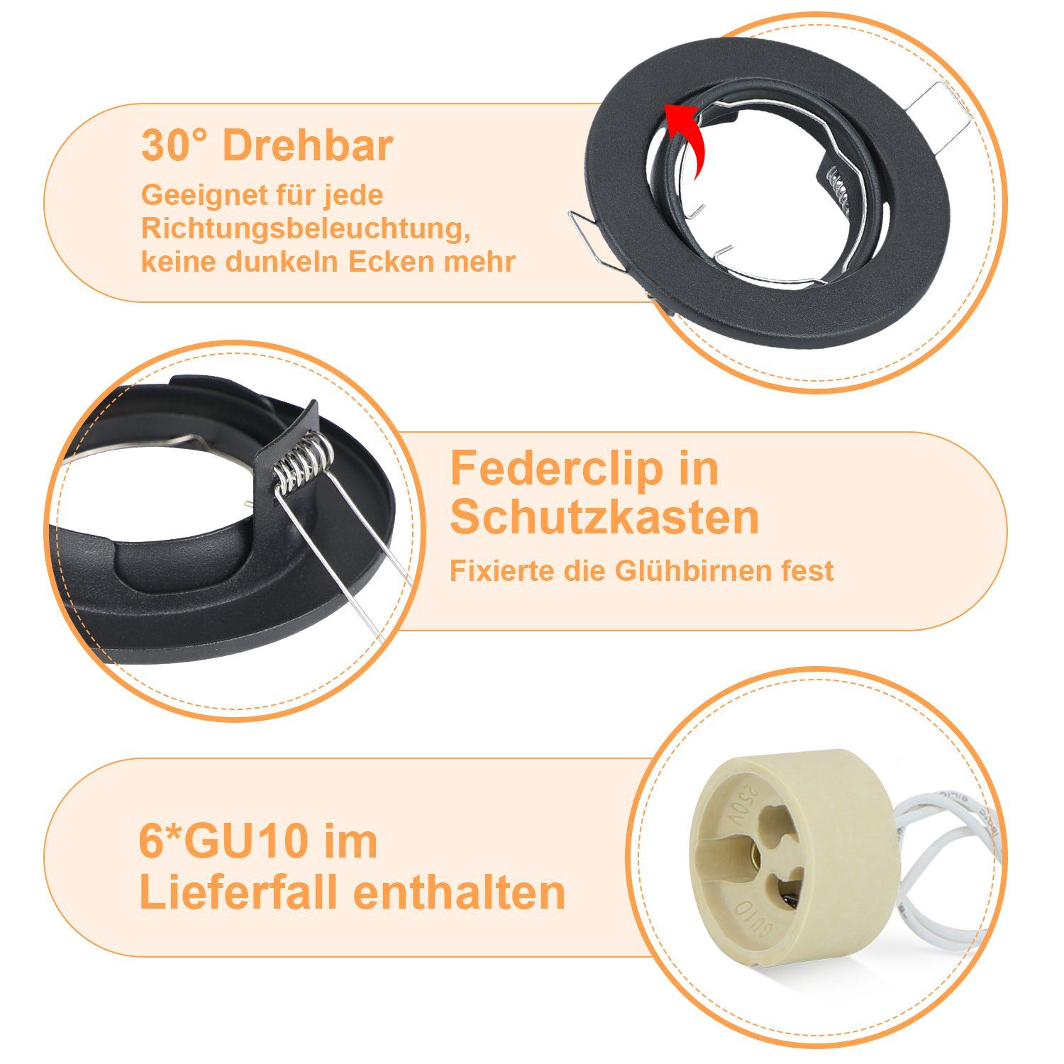 Glitzerlife 6er Einbaurahmen GU10 Set - Weiß Einbaustrahler Mit Sockel Lochdurchmesser 50mm Einbauspots Rund Metall Schwenkbar 30° Für LED Leuchtmittel Halogen_voghion.com
