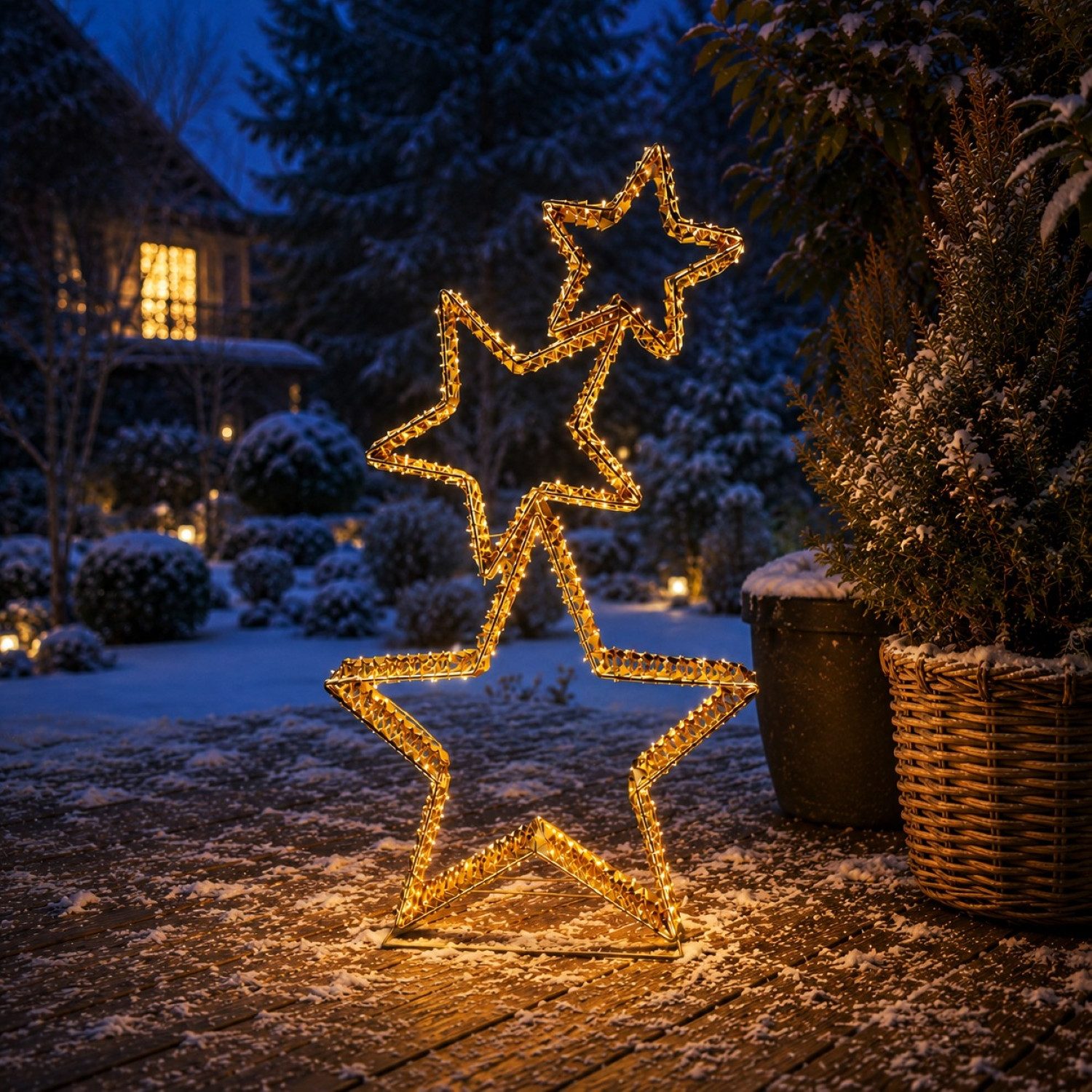 Online-Fuchs LED Dekolicht 3 LED Weihnachtssterne mit Folieneffekt & Timer - Outdoor geeignet, ruhiges Leuchten oder Flasheffect wählbar, 350 warmweiße LEDs, stabiler Stand dank mitgelieferter Heringe