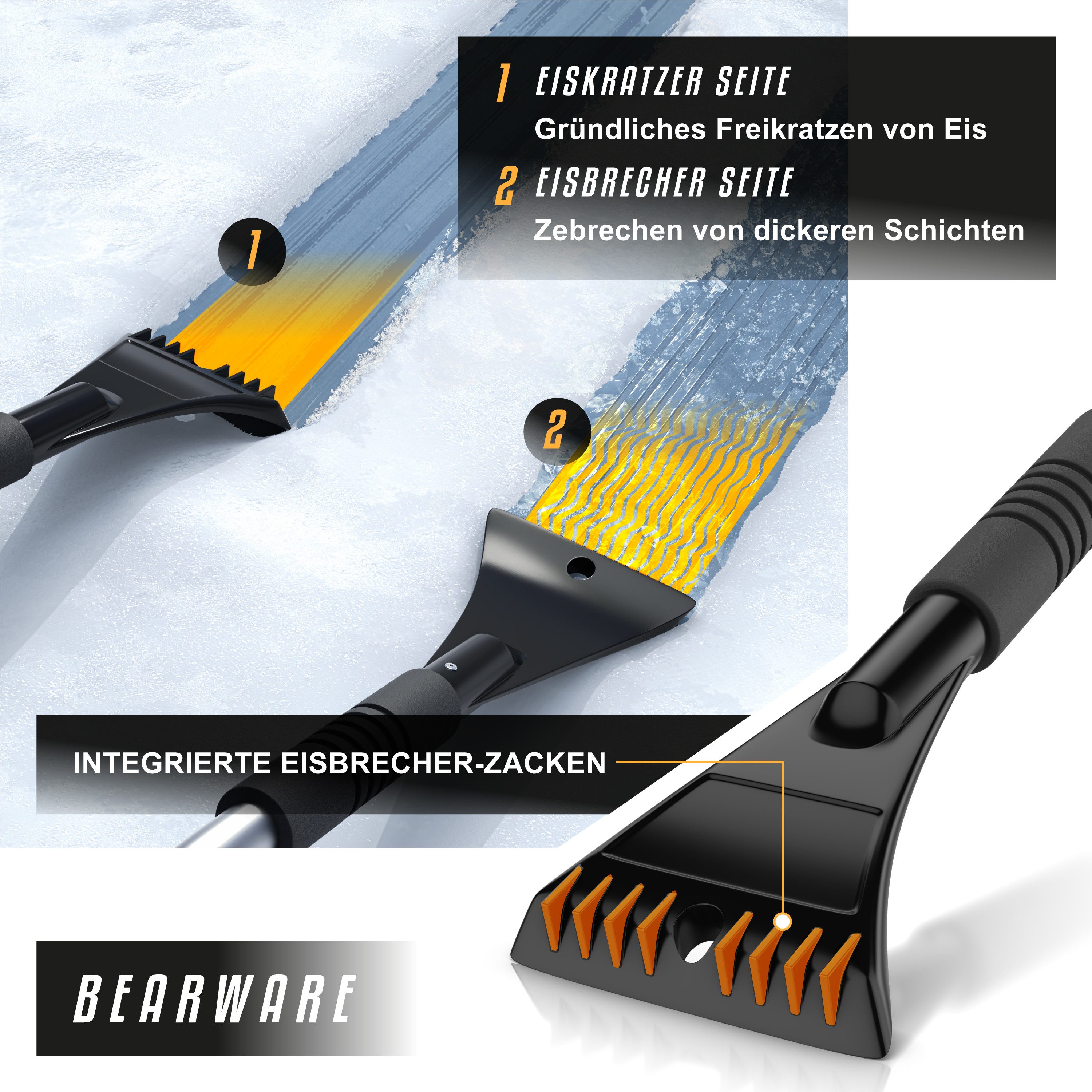 BEARWARE Ice Scraper with Snow Brush for Car, Motorhome & Truck made of shatterproof ABS, gentle 2-in-1 scraper & snow brush, 80cm long with ice breaker teeth