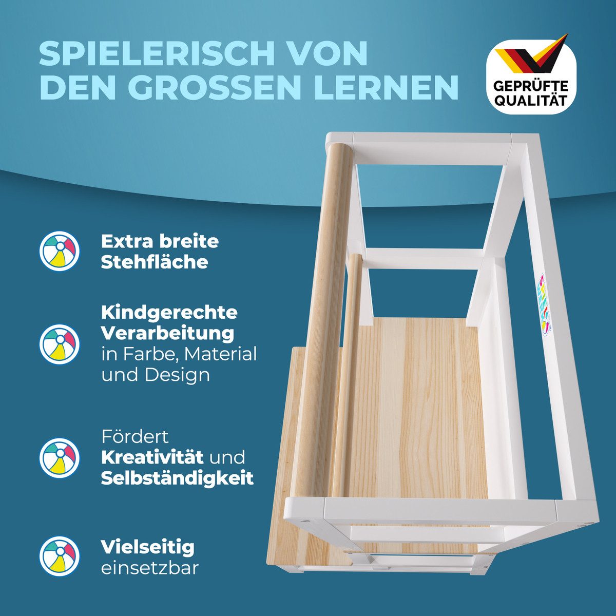 Spielwerk Stehhilfe, Lernturm ab 2 Jahren mit Tafel Montessori Tritthocker Lernstuhl Holz