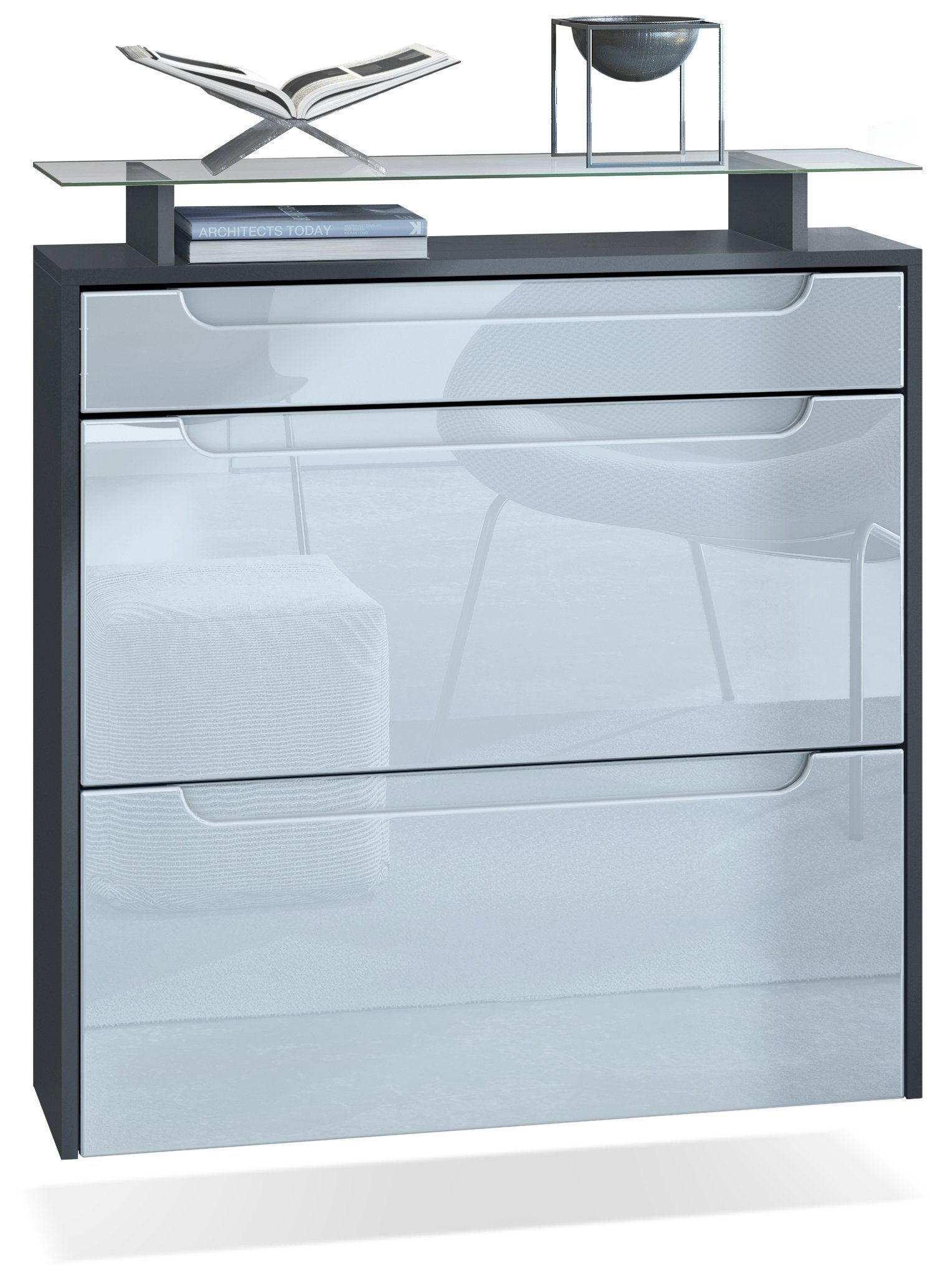 Vladon Schuhschrank Annie (Schuhkipper für 16 Paar Schuhe, mit 2 Klappen, Schublade und Glasablage) Anthrazit matt/ Weiß Hochglanz, Mulden in Weiß Hochglanz (89x96x23 cm)