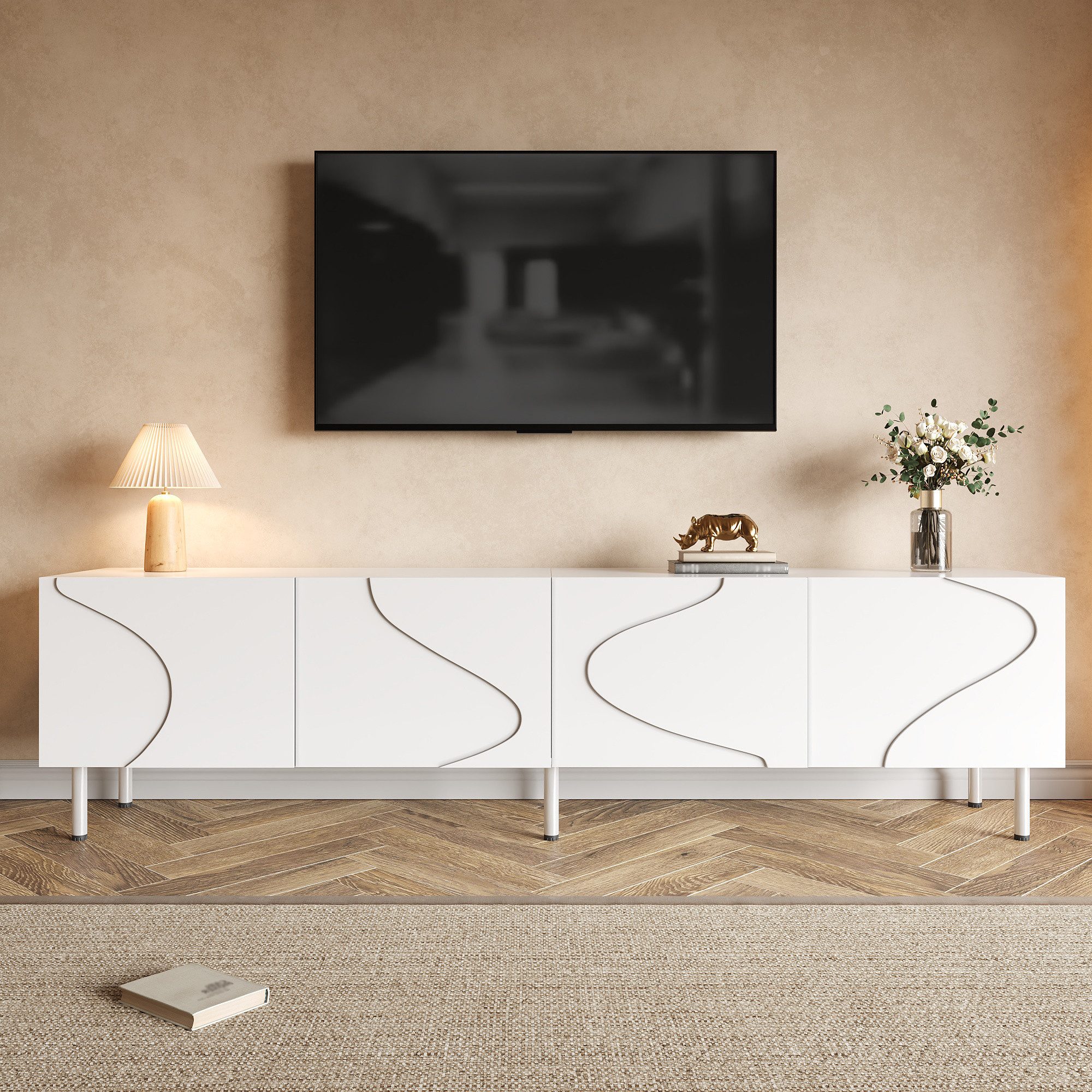 Merax Lowboard mit 3D Wellenfront & Push-to-Open (170 L x 35 B x 50H(cm), 1 St., Fernsehtisch), TV-Schrank mit 4 Türen, Kabeldurchlass, Metallfüßen, Stauraum – Bild 3 von 5