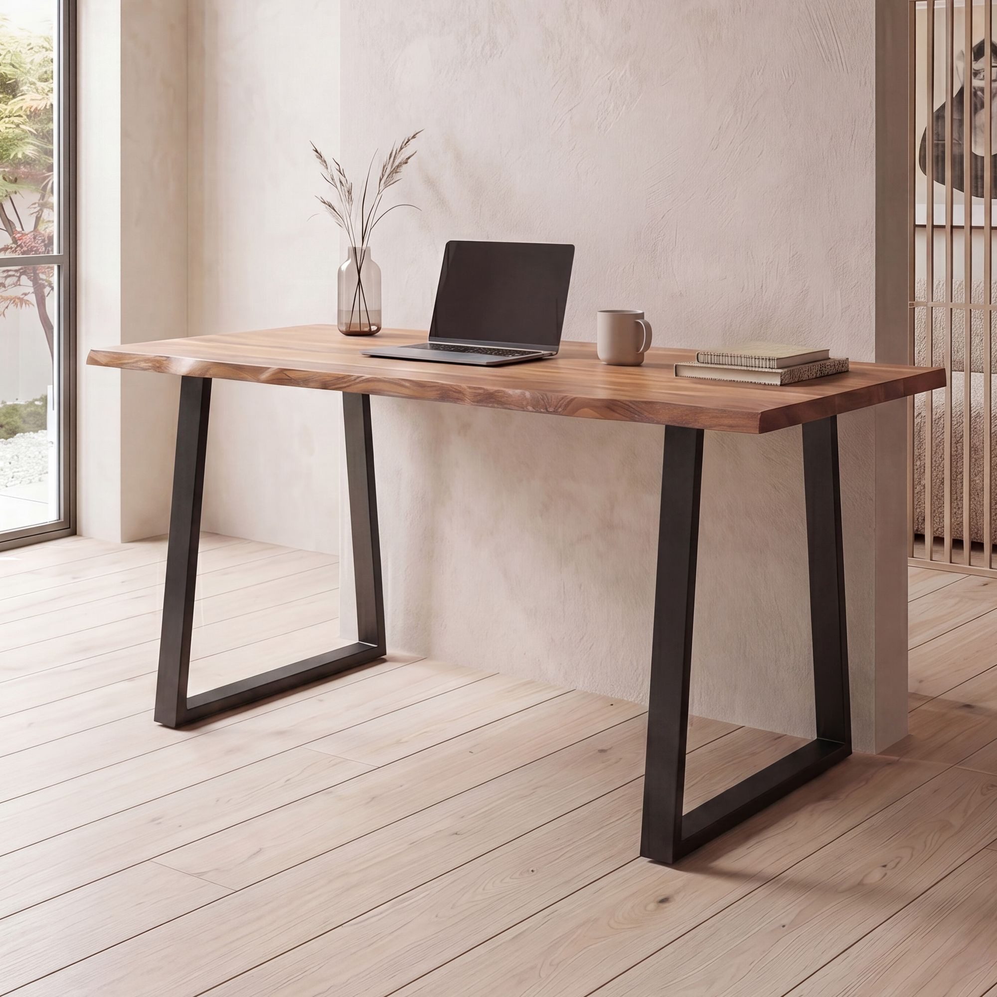 FINEBUY Schreibtisch FB68328 Akazie Massivholz Metall Bürotisch Computertisch (140x80x76 cm Akazie Massivholz, Baumkante Modern), Computertisch Home Office, Bürotisch Trapezbeine