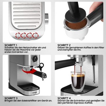 Aoucheni Espressomaschine EMC005 Kaffeemaschine, Delstahl, 1 L Wassertank, Korbfilter 1x2, Automatische Absperrung,20 Bar Hochdruckpumpe