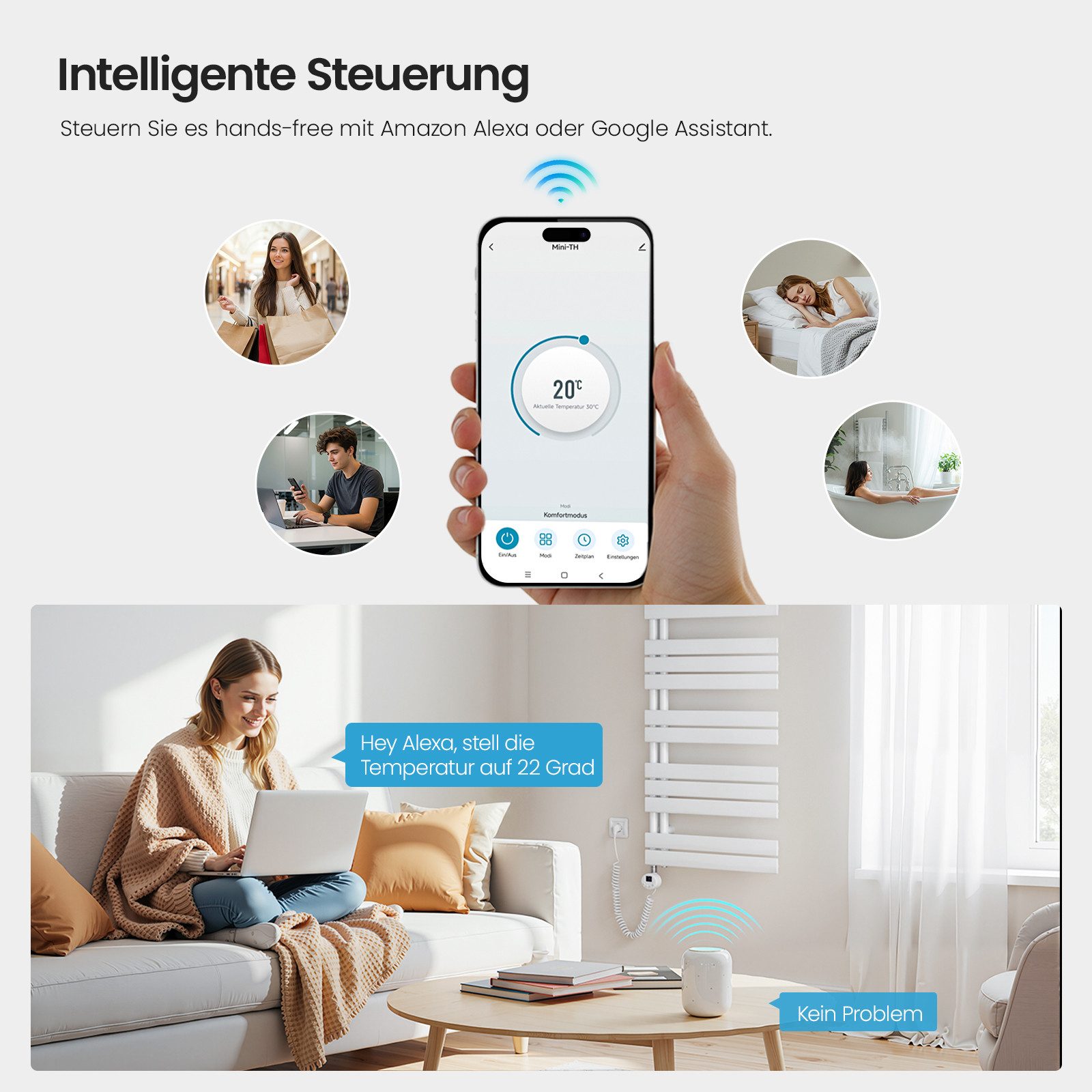 MEYKOERS Elektrischer Badheizkörper Handtuchheizkörper Handtuchtrockner Handtuchwärmer Asymmetrisch, Smart WLAN Badheizkörper mit App-Steuerung, Alexa & Google Home