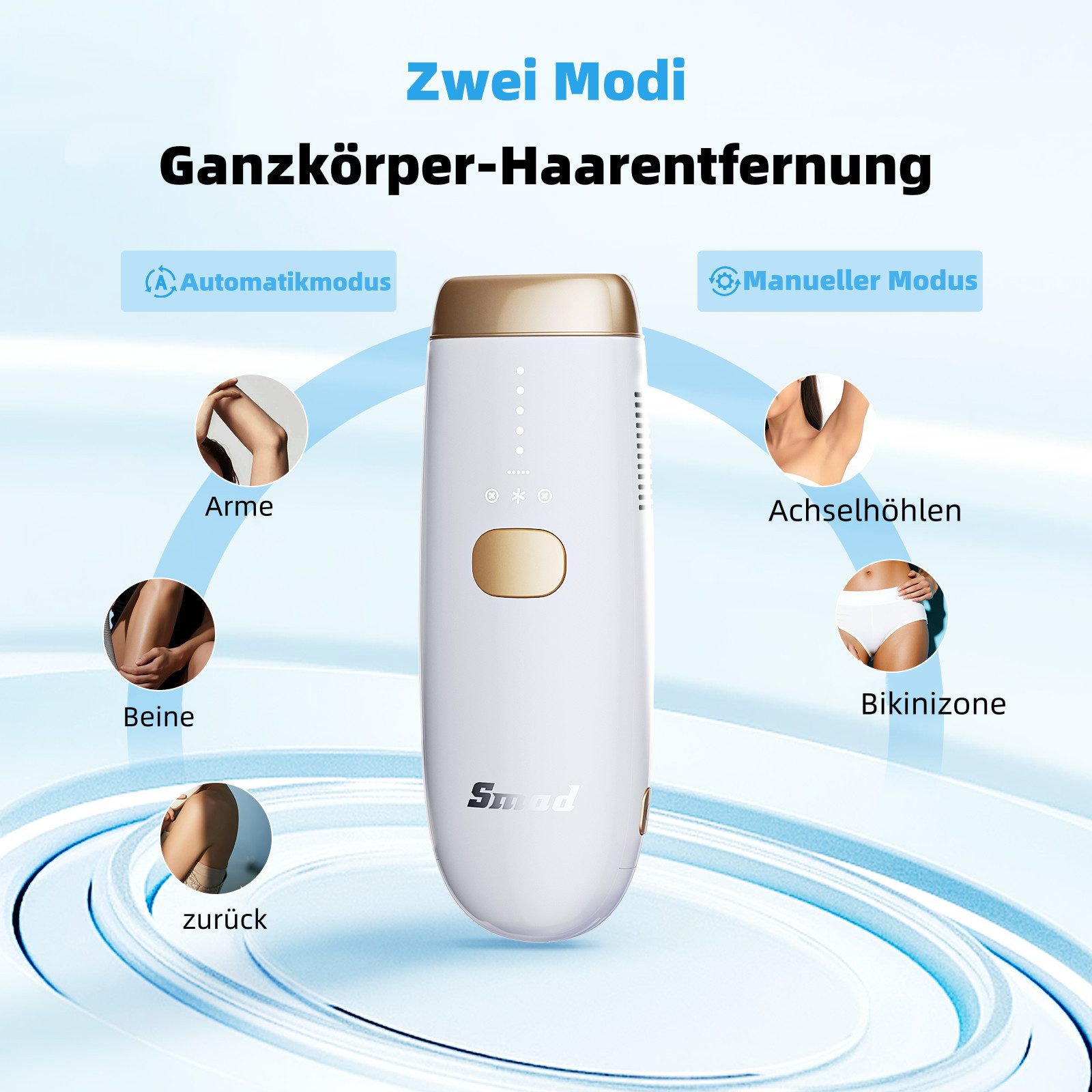 Smad IPL-Haarentferner Sapphire Ice Haarentfernung, 30W Lichtimpulse, Der intelligente Sensor passt den Energieverbrauch automatisch an.