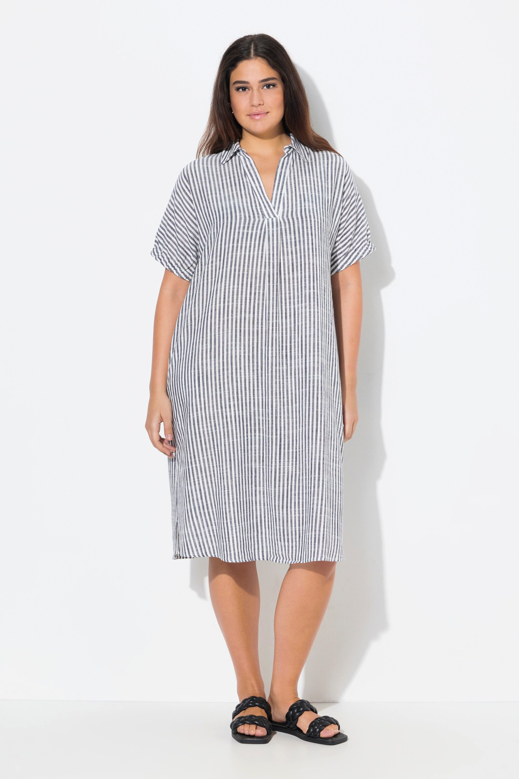 Ulla Popken Jerseykleid Leinenmix-Kleid Streifen Oversized Hemdkragen günstig online kaufen
