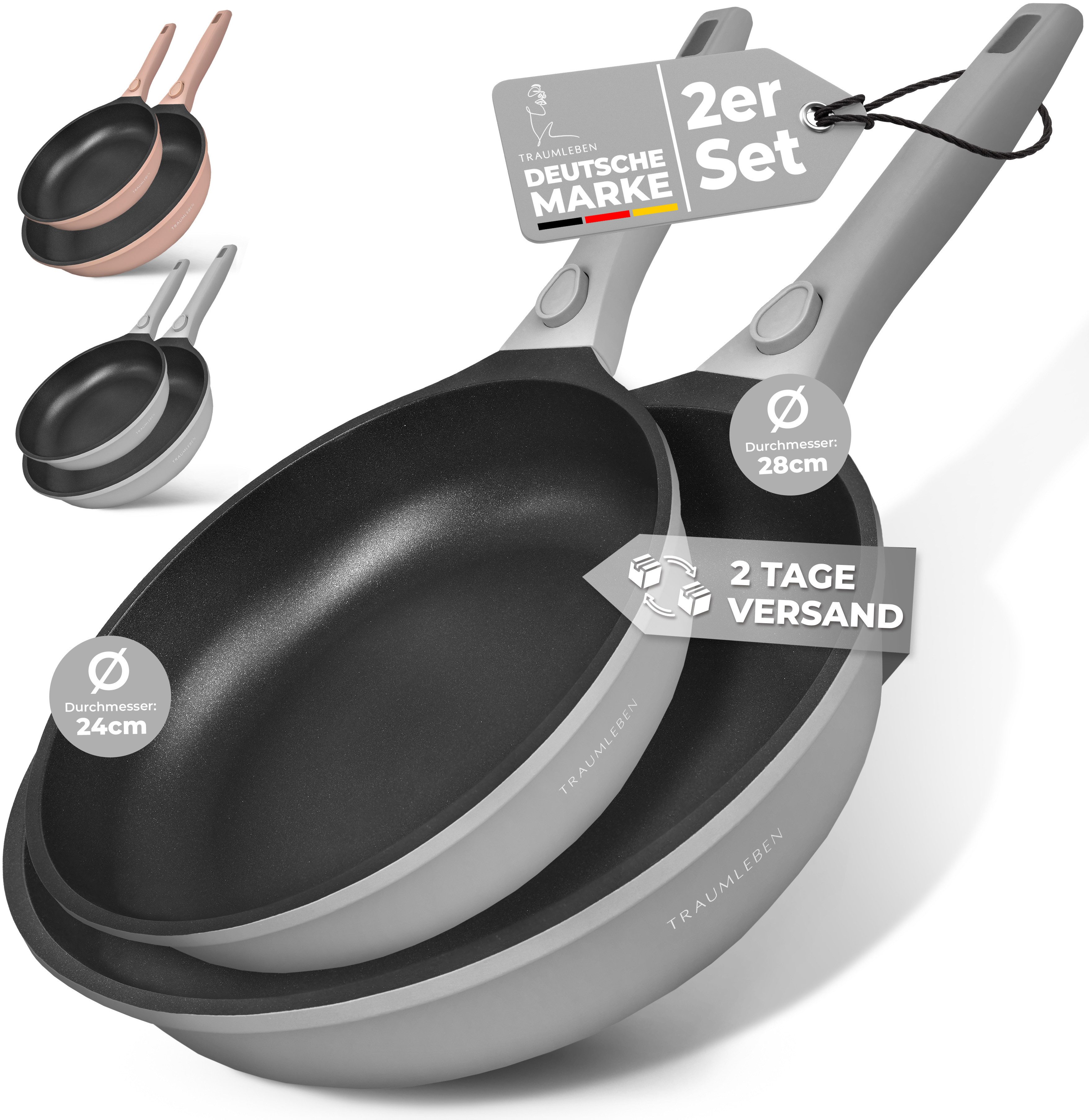 TRAUMLEBEN Pfannen-Set Pfanne 24/28 cm Bratpfanne Antihaftbeschichtung abnehmbare Griffe, Aluminium (2-tlg), Beschichtete Pfannen, Pfannenset