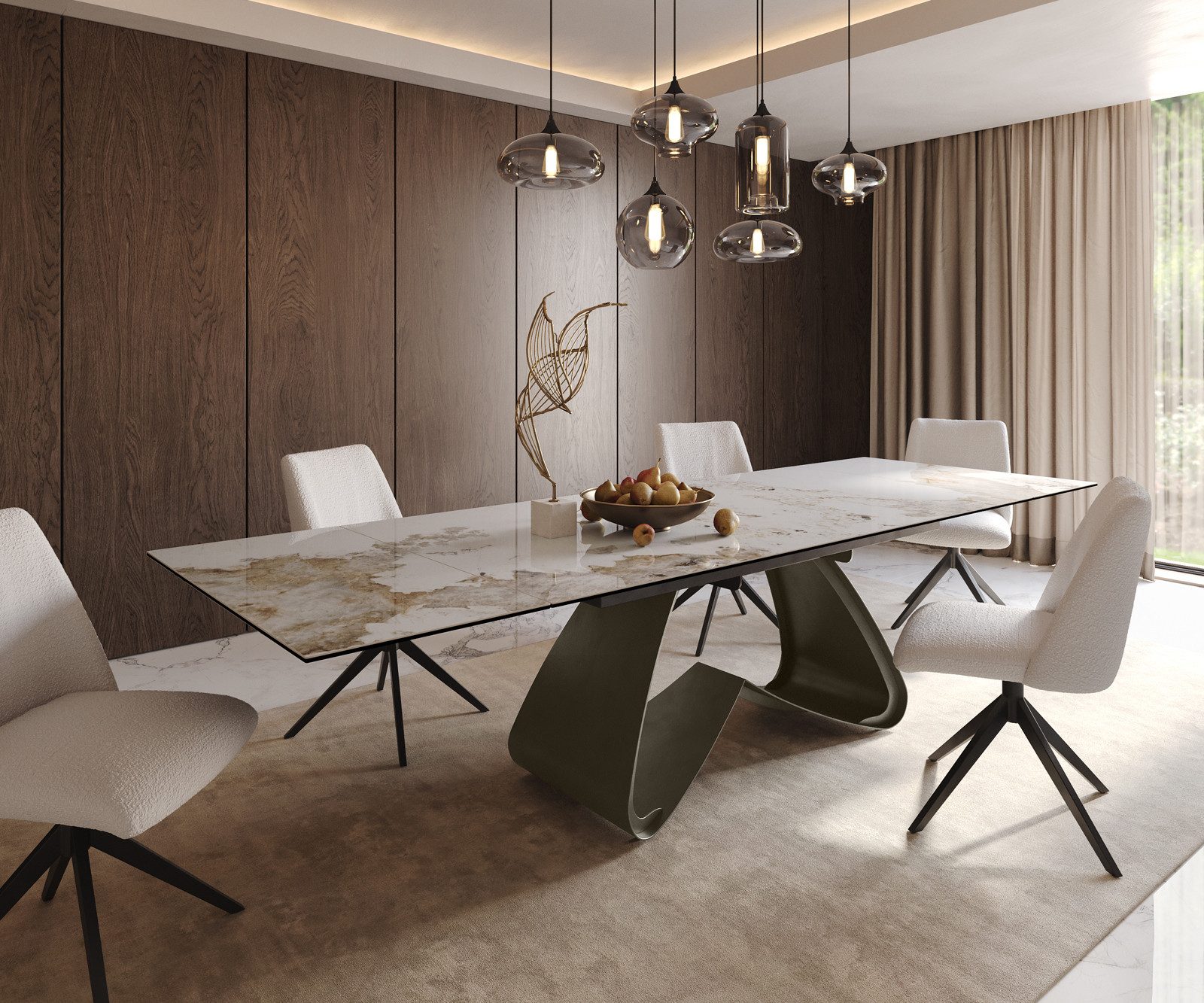 DELIFE Esstisch Edge, Keramik Minas Melange Weiß-Beige 200-300x100 W-Gestell Effektfinish Ti