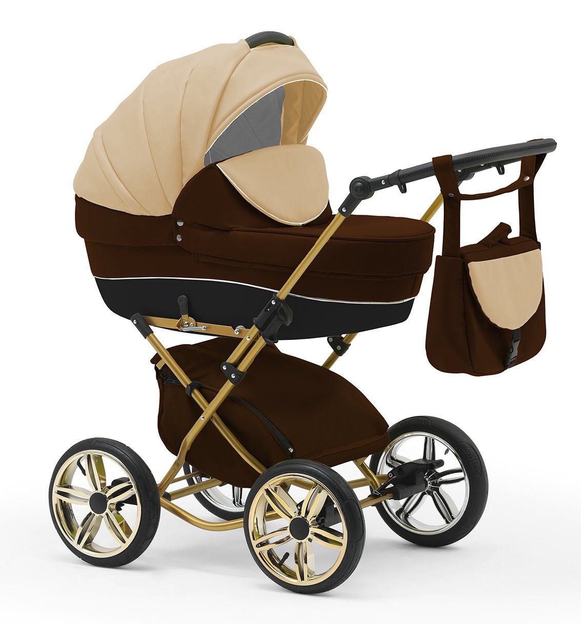 BabyMerc Kombi-Kinderwagen Sorento Gold 4 in 1 mit Sportsitz, Autositz und Zubehör in 30 Farben