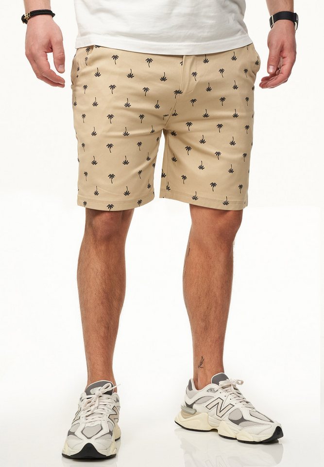 behype Chinoshorts Kurze Hose mit Palmenmuster & Gürtel im Regular-Fit Sommer-Shorts Bermuda mit Stretchanteil für Herren