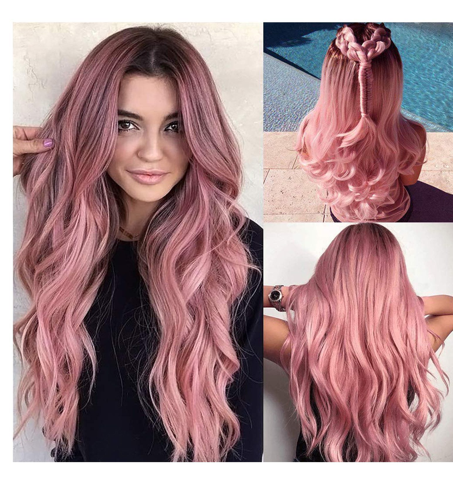 Fivejoy Kunsthaarperücke Rosa Big Wavy Curly Long Hair Medium Parted Chemiefaser Haar Set, Lange lockige Haare Taillenlänge lockige natürliche Perücke