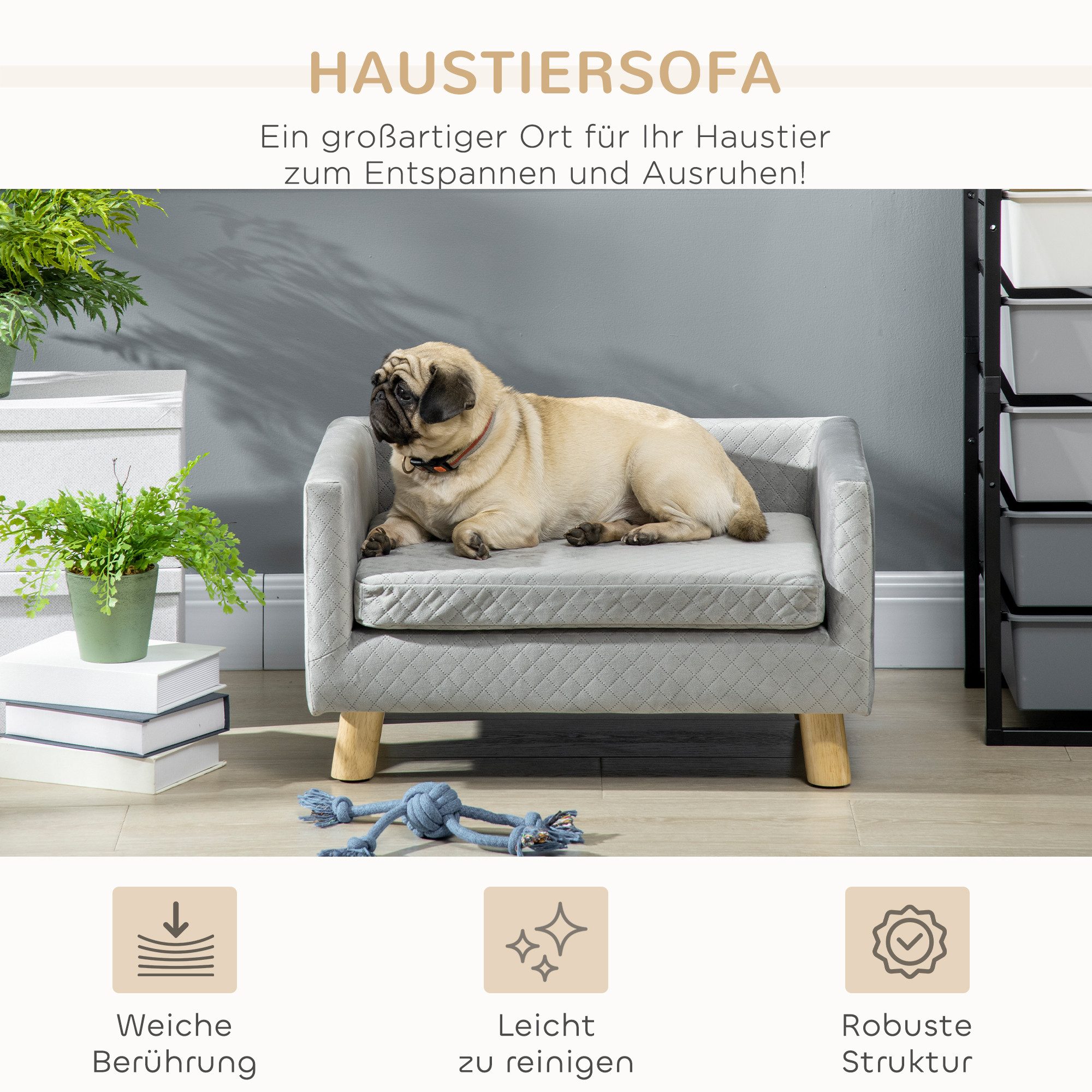 PawHut Tierbett Hundesofa Hundebett Hundecouch mit Rückenlehne, Holzbeine, Kissen, samtartiges Polyester, Grau 64 x 45 x 36 cm – Bild 4 von 5