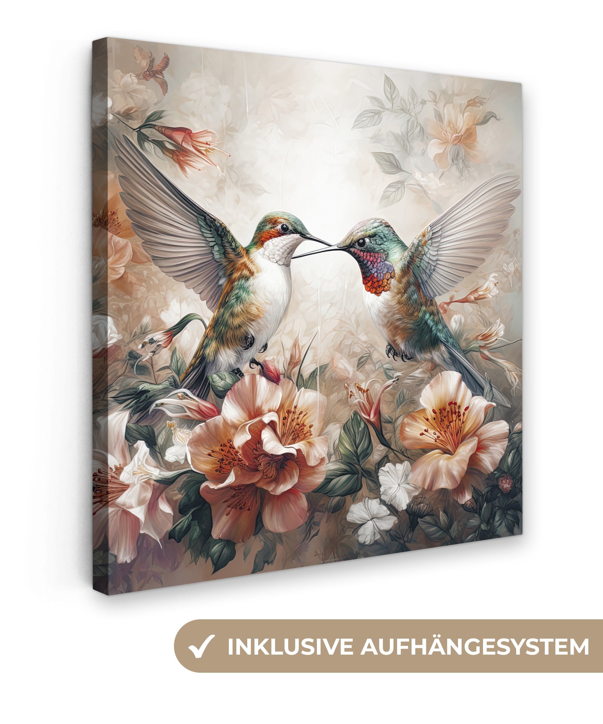 OneMillionCanvasses® Leinwandbild Kolibri - Vögel - Blumen - Natur, Fotodruck (1 St), Wandbild, Deko Schlafzimmer Wohnzimmer Flur 20x20 cm