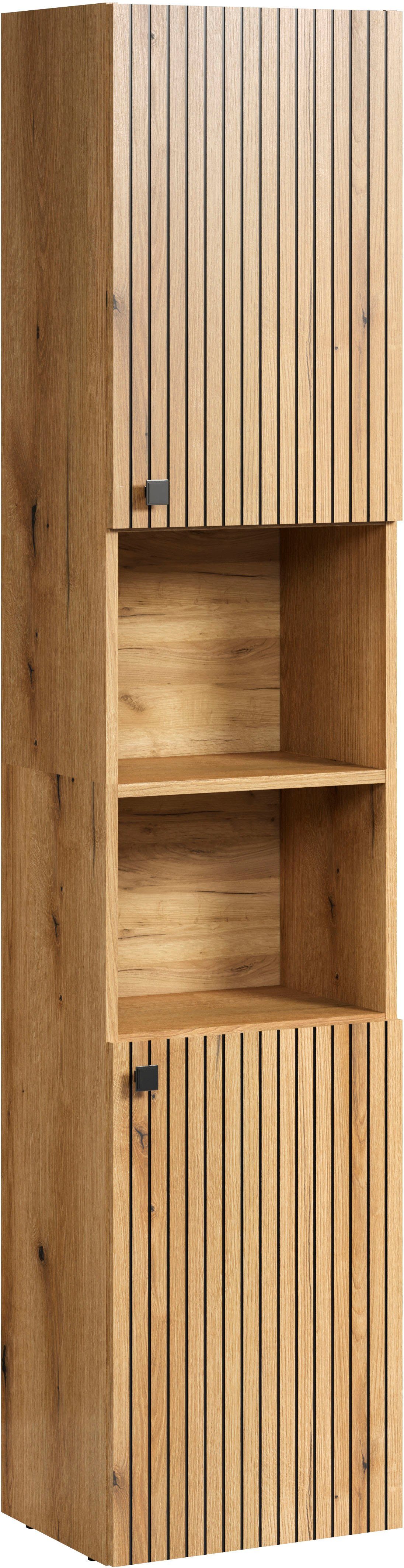 welltime Hochschrank Amrum Badezimmerschrank Standschrank Badmöbel Breite 40cm, geräumiger Hochschrank Eiche Rillenoptik Badschrank