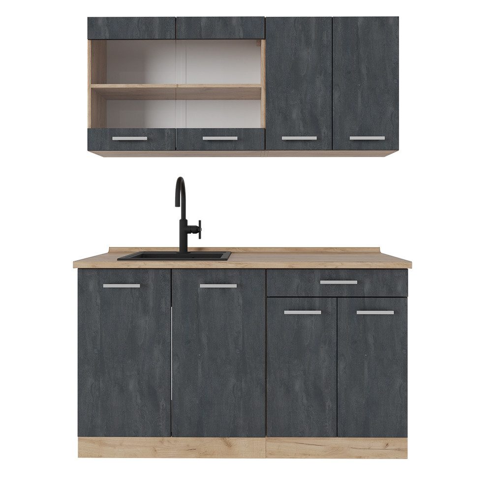 Vicco Küchenzeile R-Line, Schwarz Beton/Goldkraft Eiche, 140 cm AP Eiche
