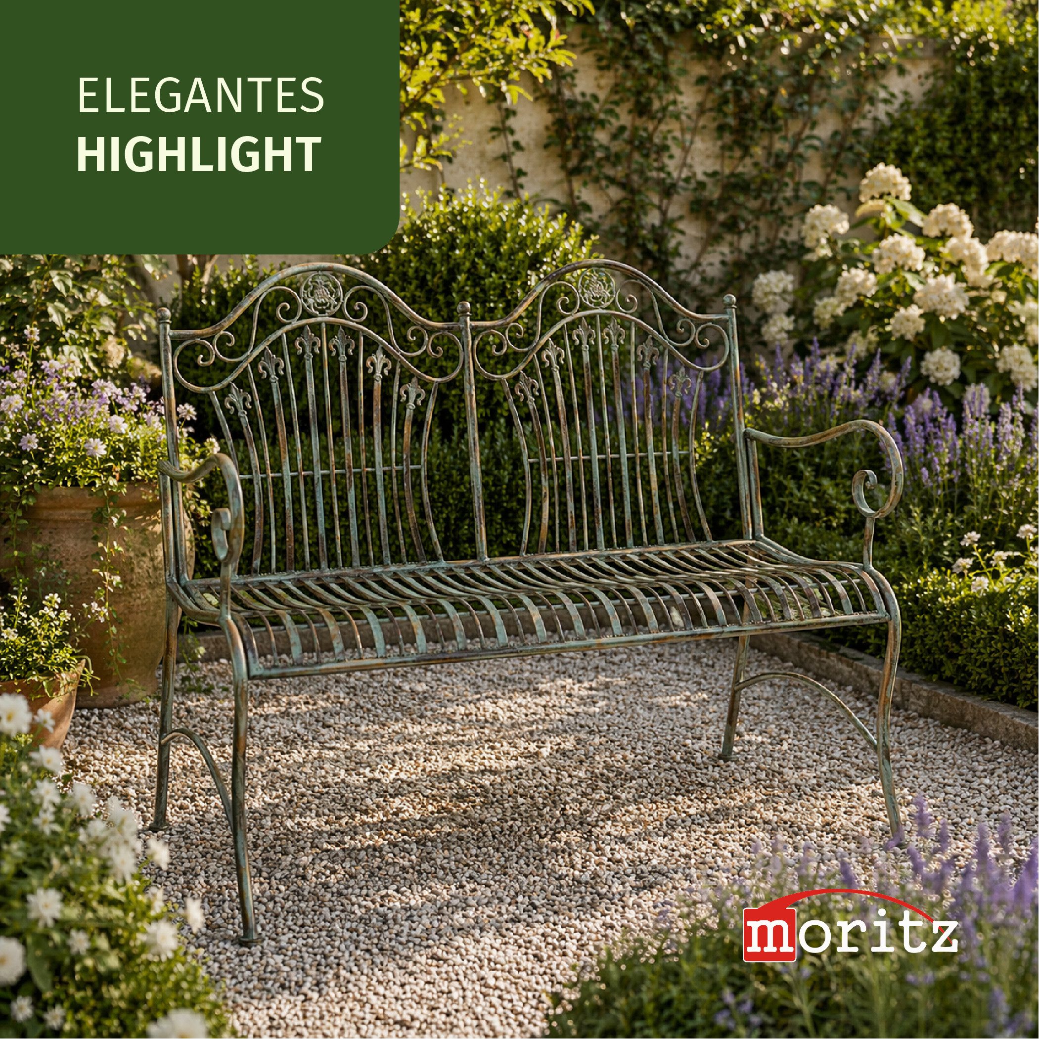 Moritz Gartenbank Gartenbank Lilien-Ornamente B 113 cm Metall 2-Sitzer Antik Grün Garten