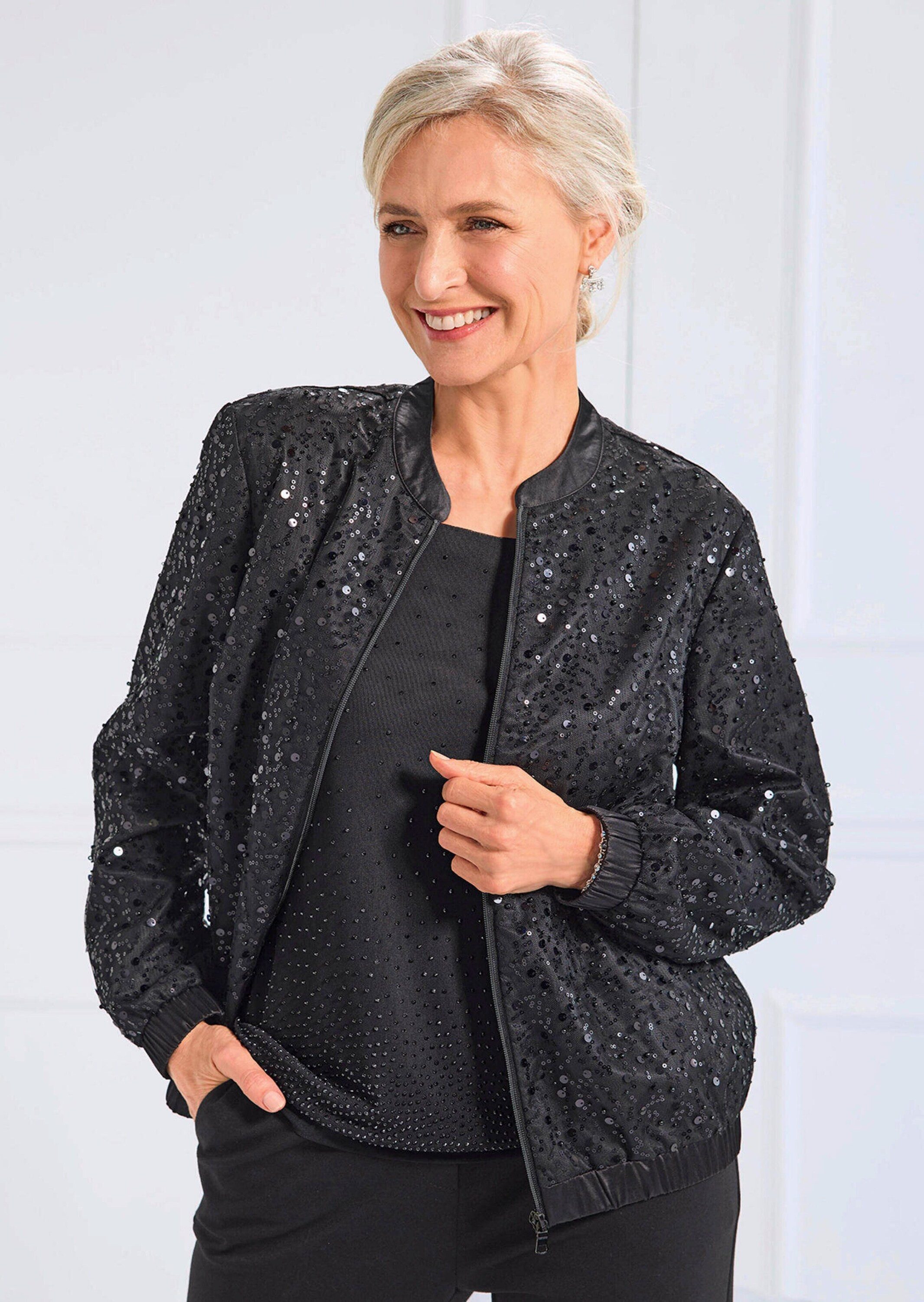 GOLDNER Outdoorjacke Perlenjacke mit Pailletten Eleganter Satinblouson mit Rundhals, Reißverschluss und Langarm