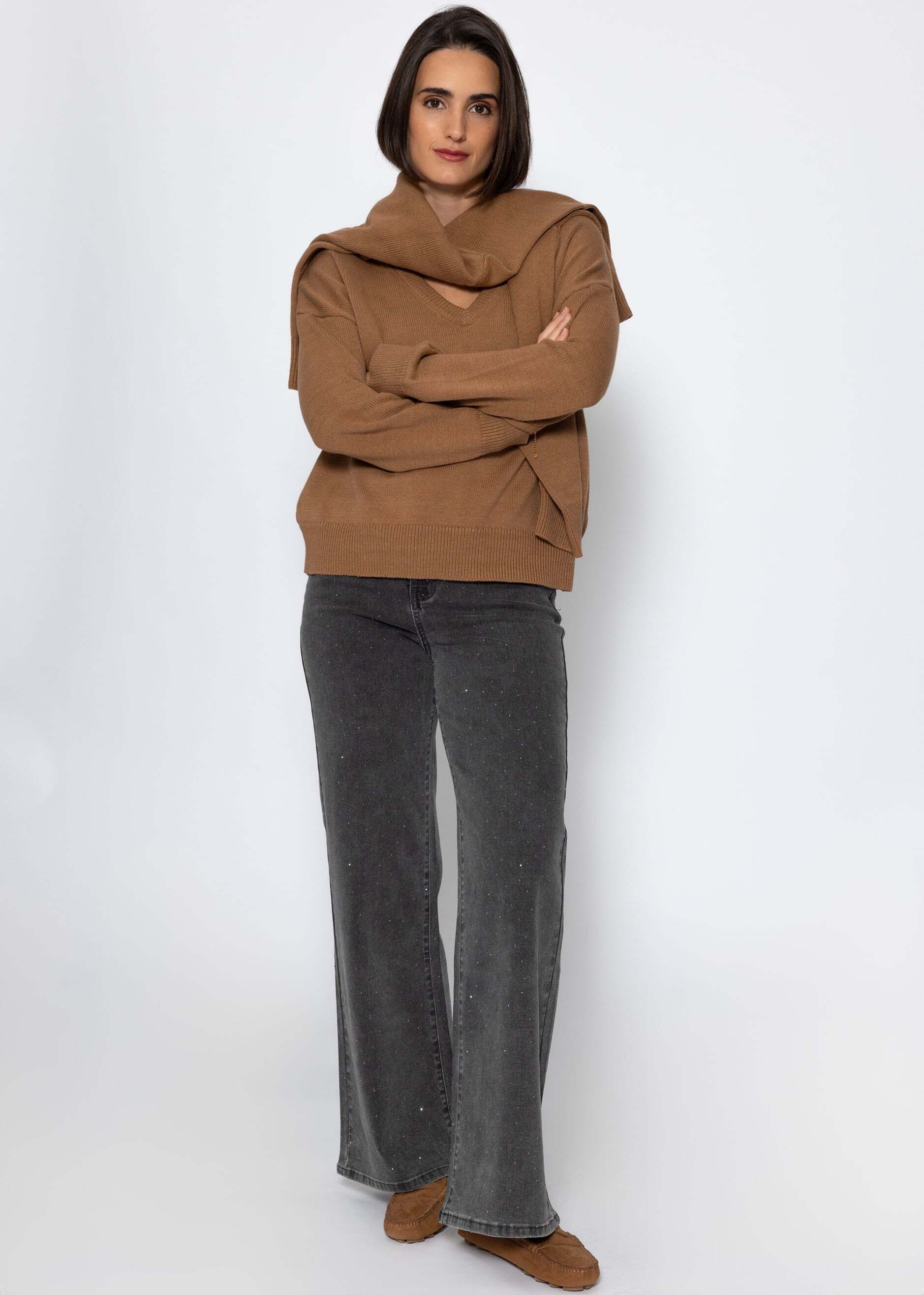 SASSYCLASSY Strickpullover Oversize Baumwoll-Pullover für Damen Lässiger Pullover mit V-Ausschnitt und gerippten Abschlüssen