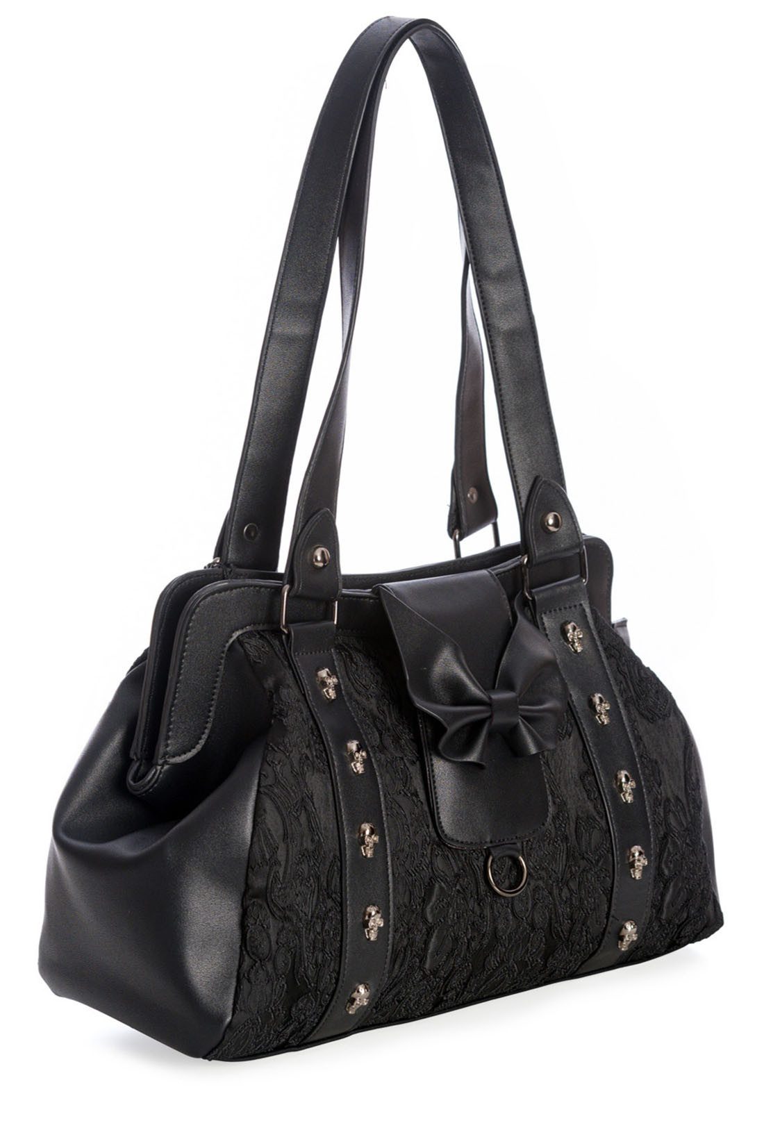 Banned Handtasche Maplesage Schwarz, mit Skull Nieten und Fledermausflügel Schleife