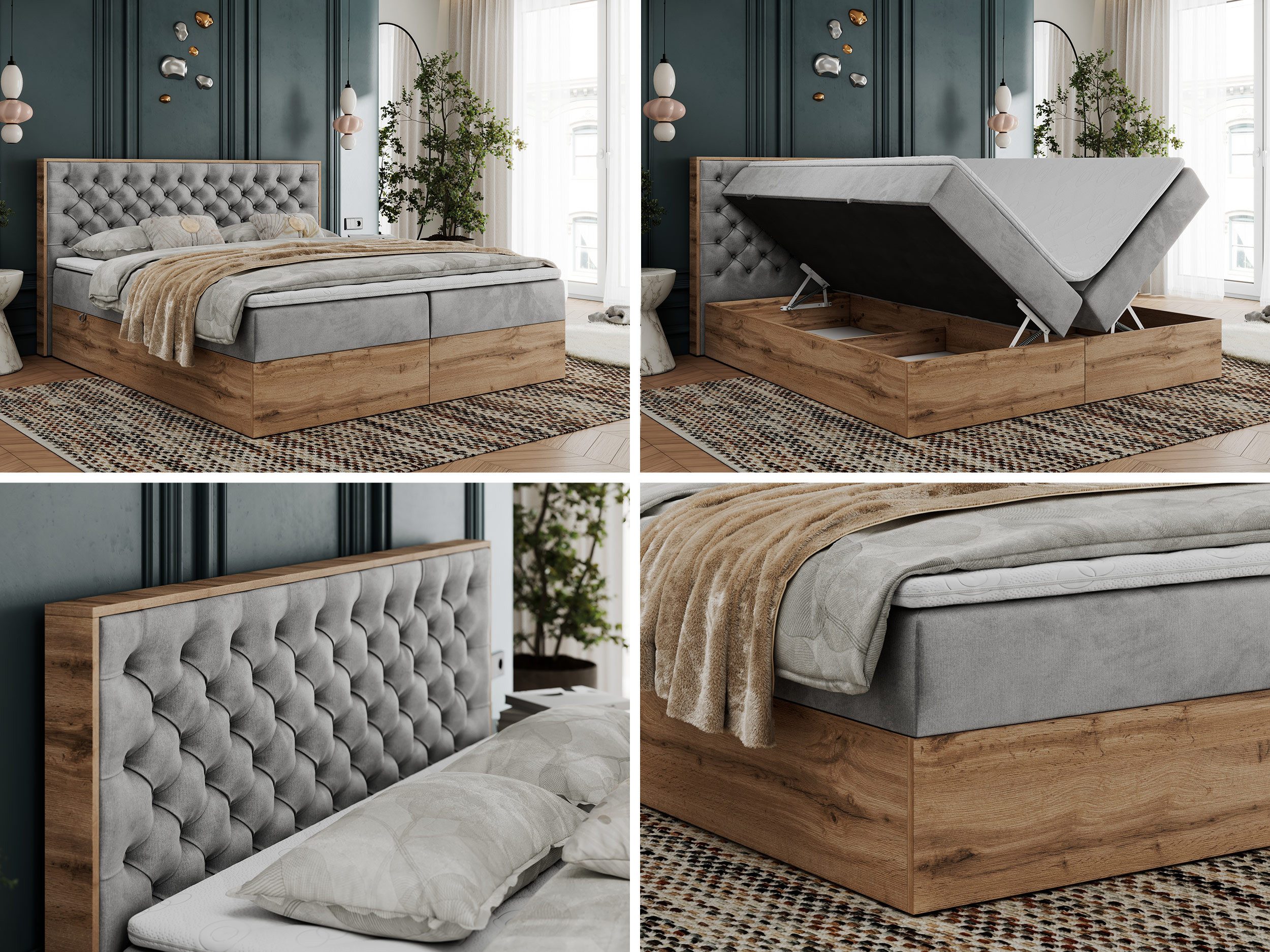 MKS MÖBEL Boxspringbett ALBERO 3 (Packung, Set, Topper T25/Visco, T30-Schaum, Stauraum, Zwei Bettkästen, Matratzen), Multipocket-Matratze, Doppelbett, mit Möbelplatten, mit Kopfstütze